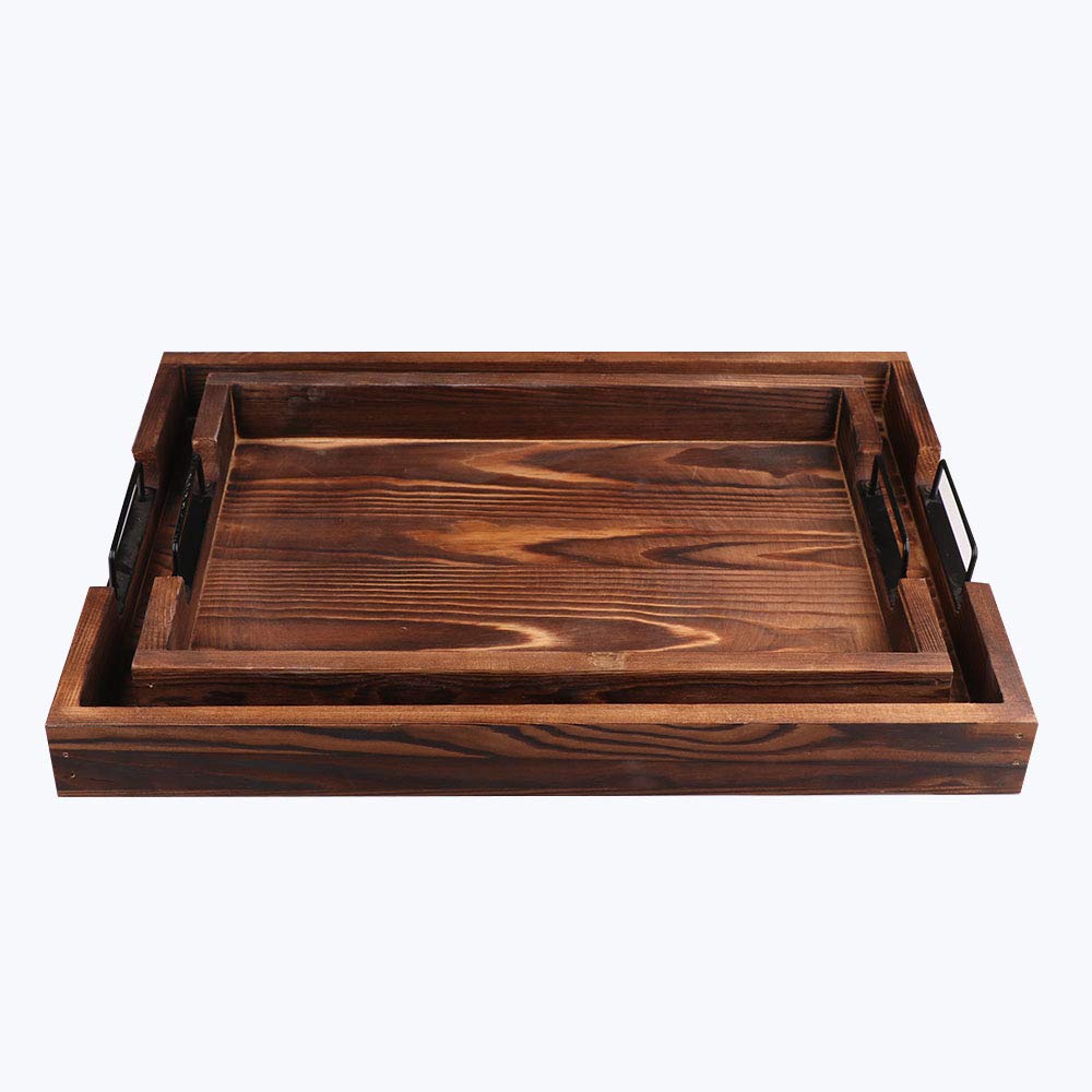 Rustic Wooden Serving Tray Set of 2 - Brown Decorative Food Tray for Coffee, Tea & Snacks - Perfect for Kitchen, Dining Table & Party Serving