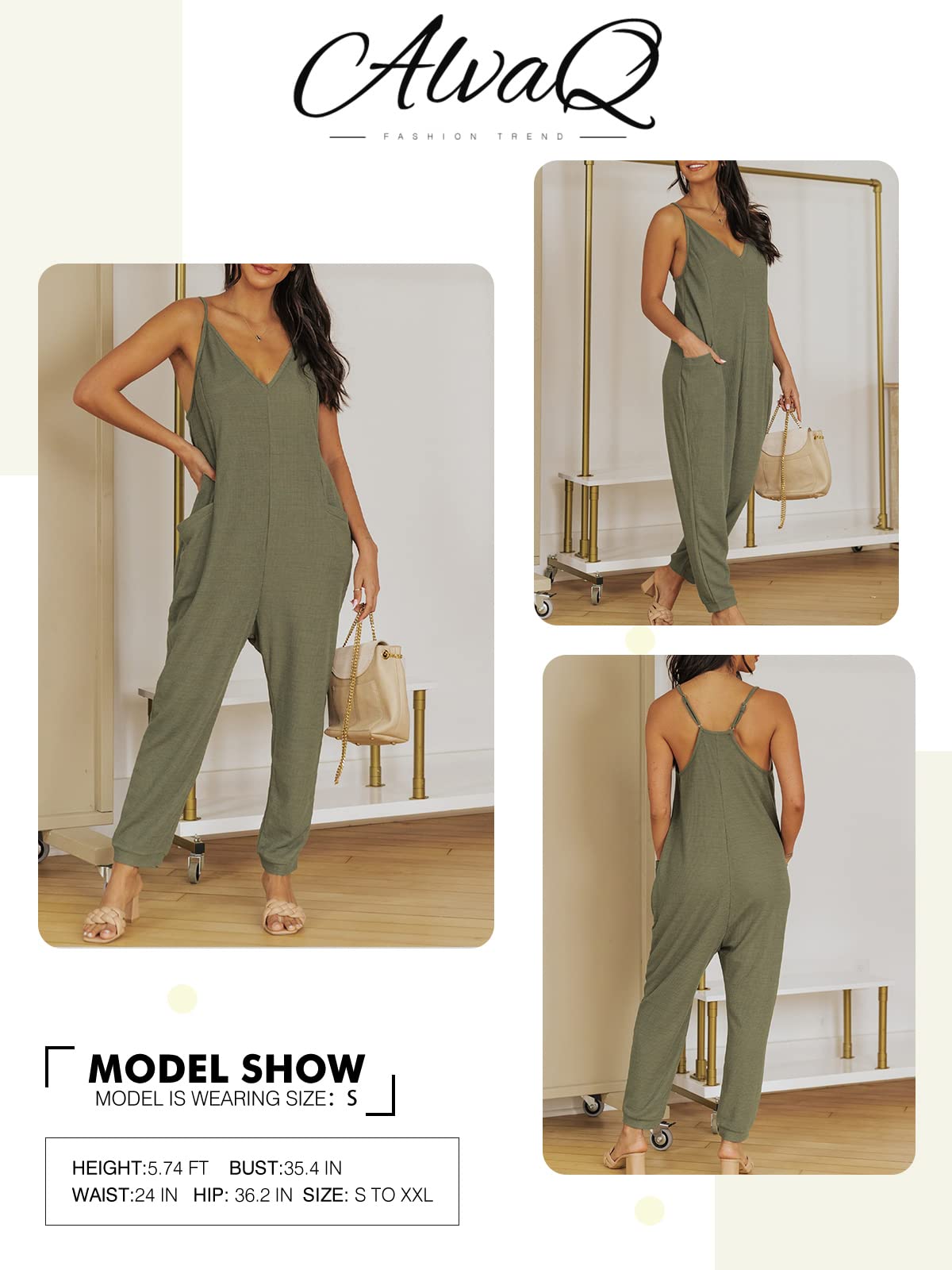 AlvaQ Women's Sleeveless Jumpsuit - Casual Loose Fit Spaghetti Strap Overalls with Pockets | Spring Summer Romper for Outdoor Activities, Travel & Daily Wear | 2024 Fashion Trend