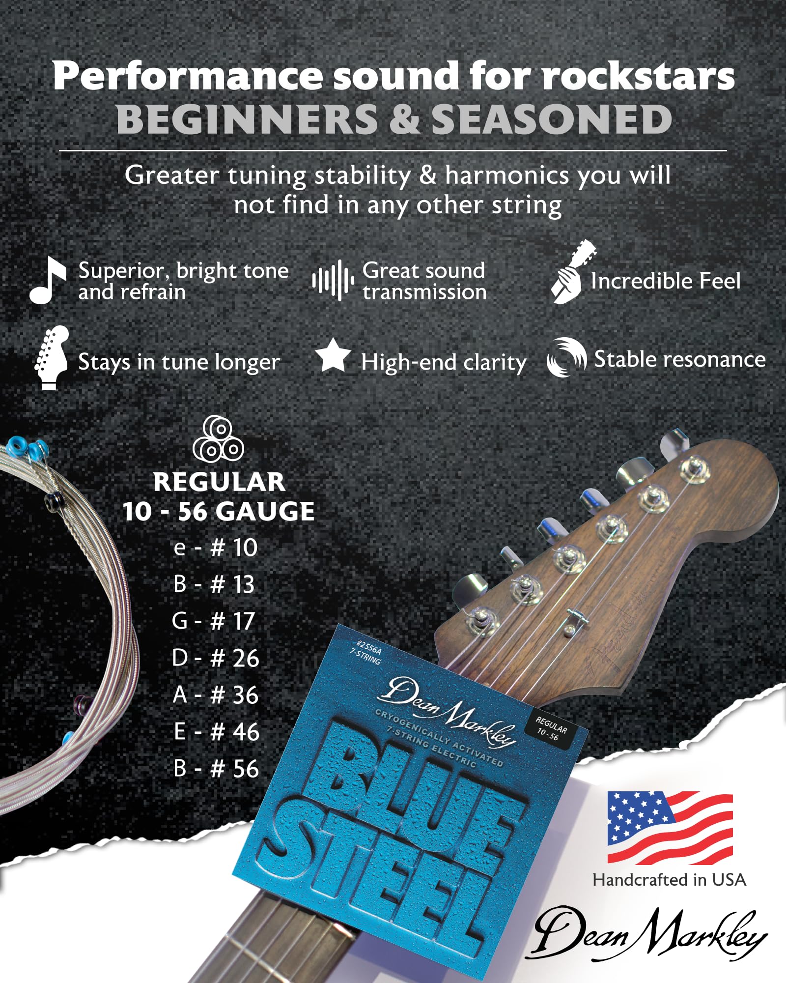 DEAN MARKLEY 2556A Blue Steel Electric Guitar Strings - 7-Piece Set | Cryogenically Treated for Extended Durability, Enhanced Performance & Superior Tone | Made in USA (10-56 Gauges) | Perfect for Rock, Blues & Metal Performances