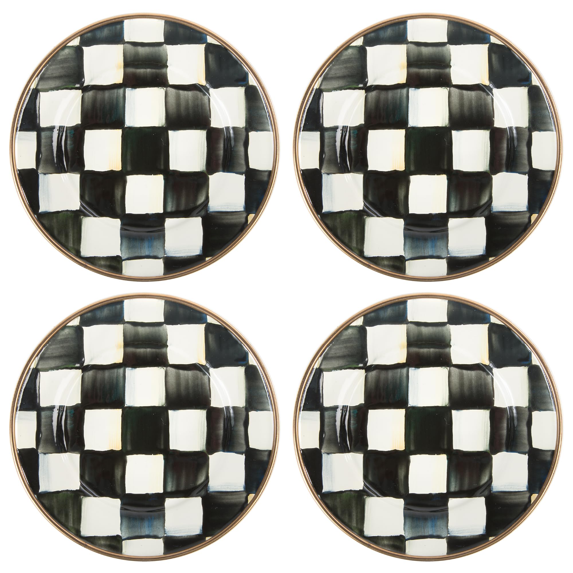 MACKENZIE-CHILDS 4-Piece Enamel Appetizer Plates Set - 5 Inch Mini Dessert Plates - Elegant Black and White Courtly Check Design - Perfect for Cocktail Parties, Tea Time & Home Decor