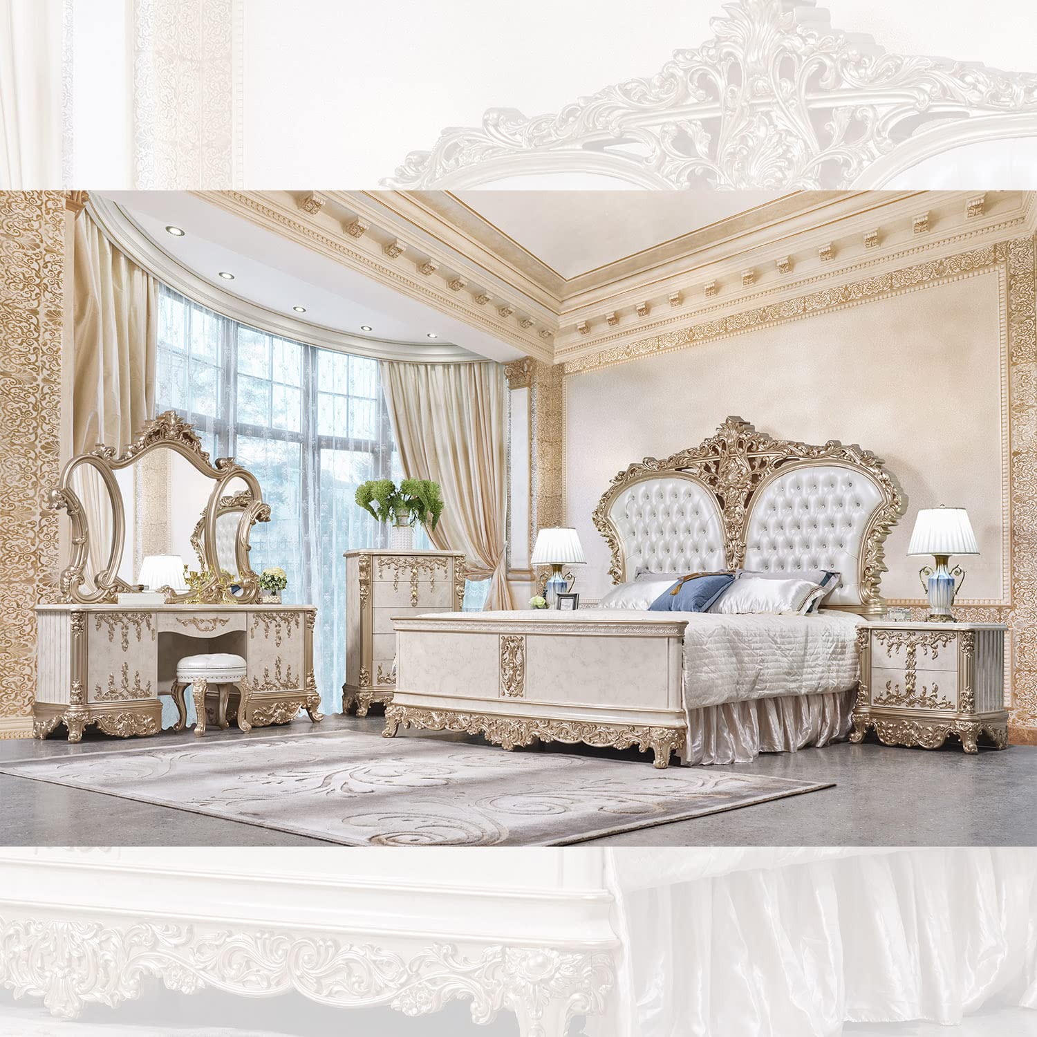 Luxury 6-Piece Bedroom Set - Queen Size Bed Frame, Vanity Desk with Stool & Mirror for Elegant Bedroom Decor | Perfect for Master Bedrooms, Guest Rooms & Bridal Suites