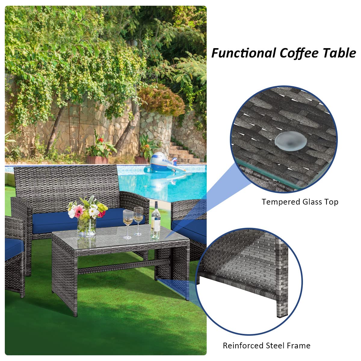 Tangkula 4-Piece Wicker Patio Conversation Set - Outdoor Rattan Sofa Set with Coffee Table & Soft Cushions, Durable Patio Furniture for Poolside, Balcony, Garden or Backyard Relaxation