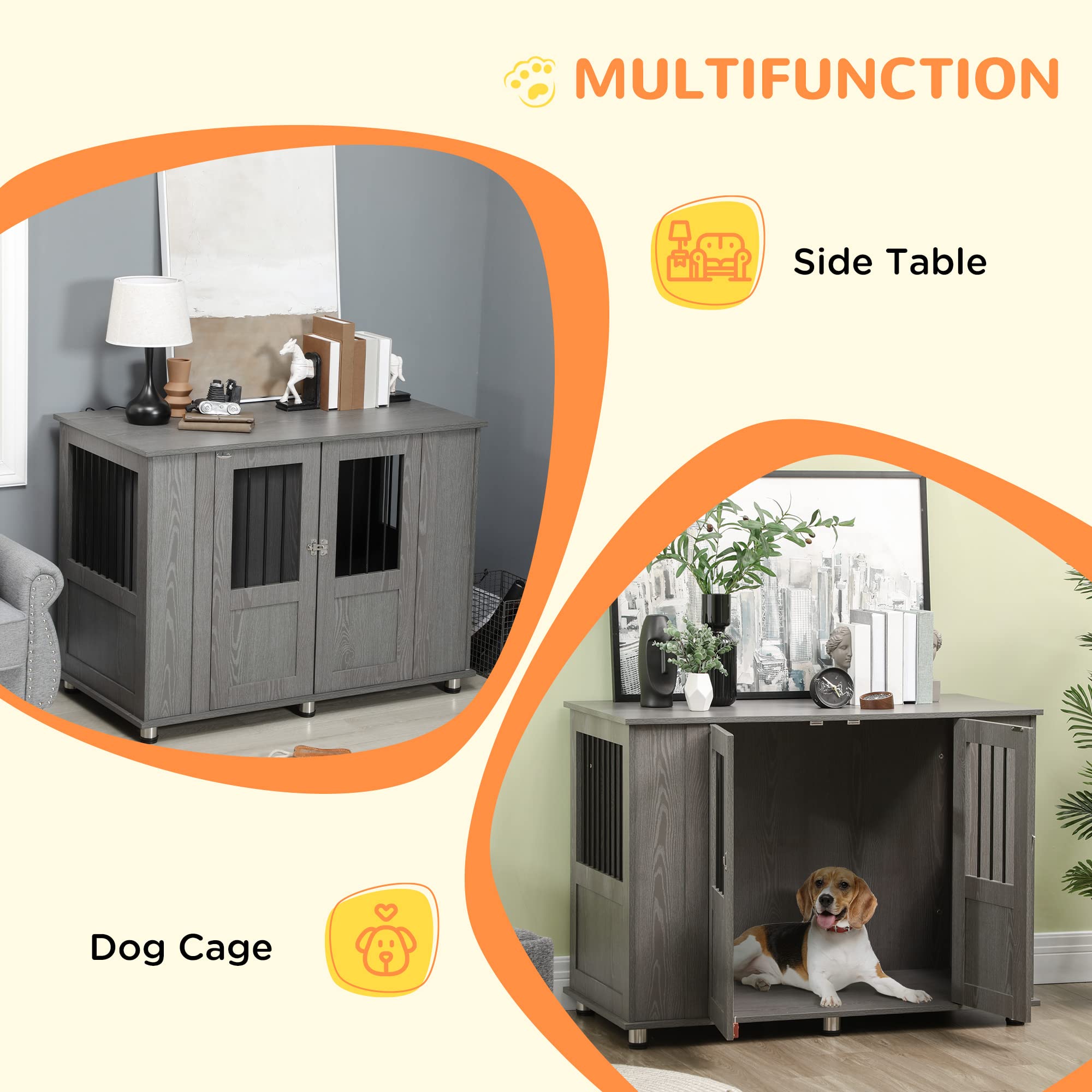 PawHut Extra Large Wooden Dog Crate Furniture - Lockable Magnetic Door Pet Kennel, Indoor Animal Cage with End Table Design, Gray | Perfect for Living Room, Bedroom & Home Decor