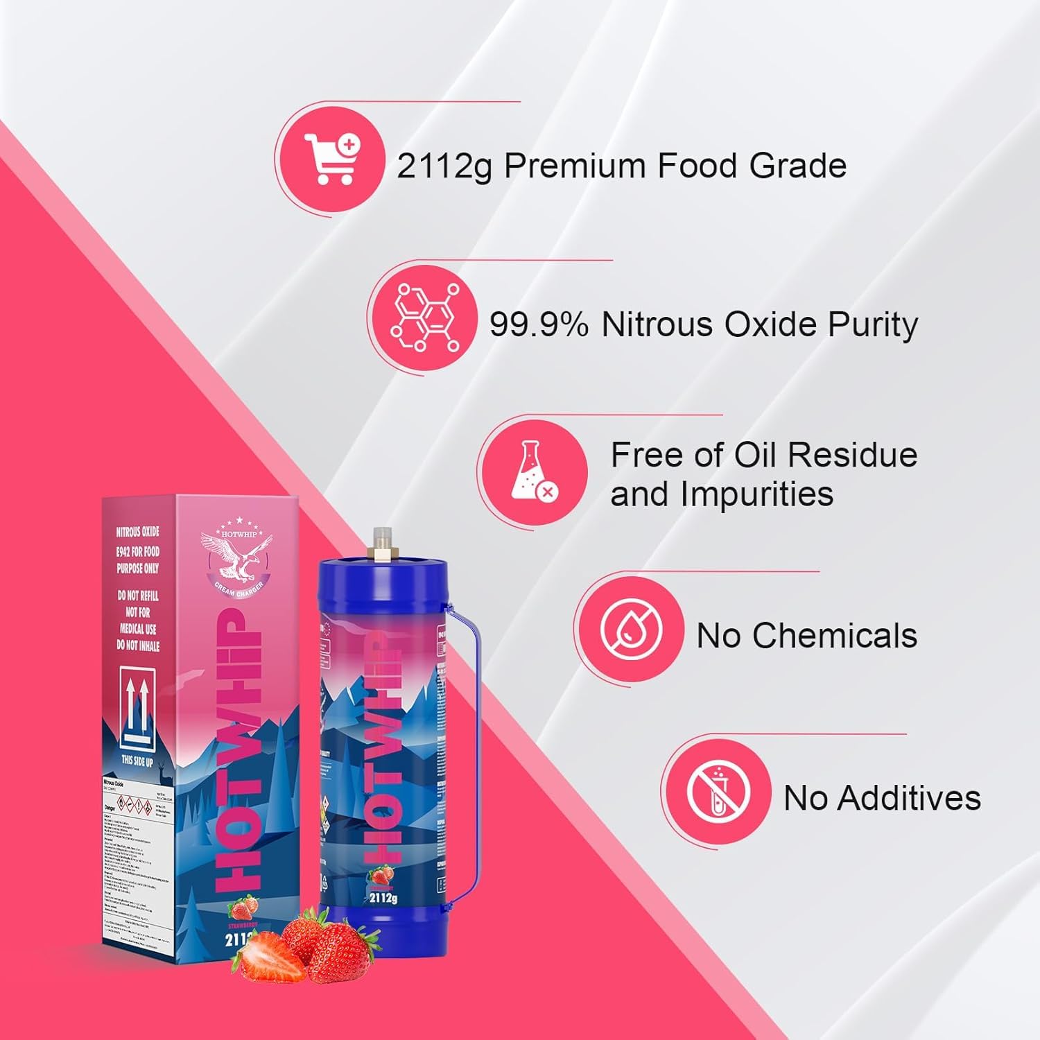 Premium 3.3L Whipped Cream Charger (2112g) - Food Grade Stainless Steel Cylinders with Strawberry Flavor & Nozzle - 6 Pack for Desserts, Coffee Toppings & Baking Decorations