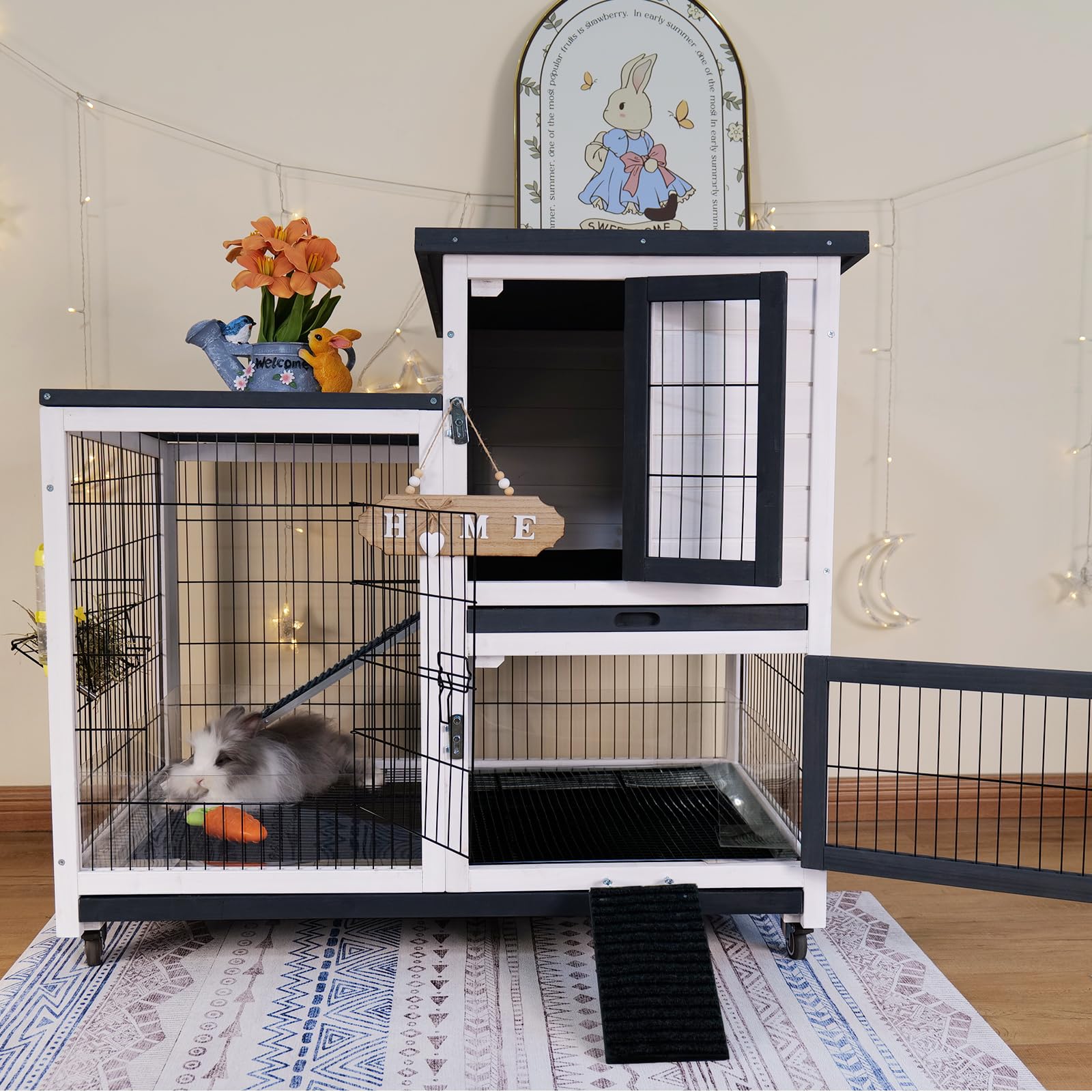 Indoor & Outdoor Rabbit Hutch with Urine Guards - 2-Story Mobile Bunny Cage for Guinea Pigs, Wire Bottom & 2 Trays - Perfect for Small Pets in Home, Garden or Backyard