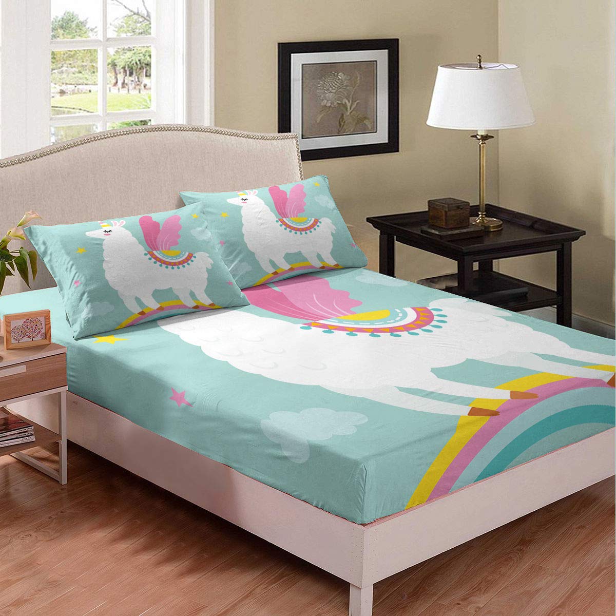 Queen Size Angel Sheep Fitted Sheet Set - Mint Green Rainbow Bedding | Soft, Breathable & Cooling 3-Piece Set (1 Fitted Sheet + 2 Pillowcases) | Perfect for Guest Rooms, Kids' Bedrooms & Summer Nights