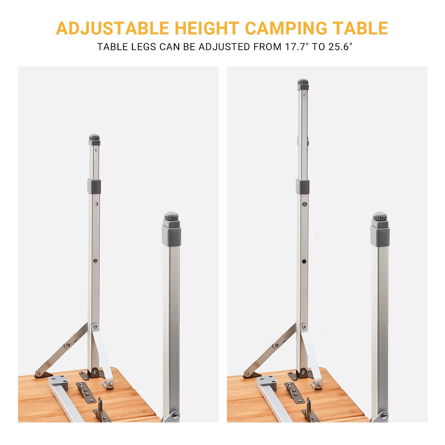 ATEPA Adjustable Height Bamboo Folding Camping Table with Aluminum Legs - Portable Outdoor Coffee Table for Patio, Travel, Picnic, Indoor & Outdoor Use - Perfect for Backyard BBQs, Beach Trips and RV Camping