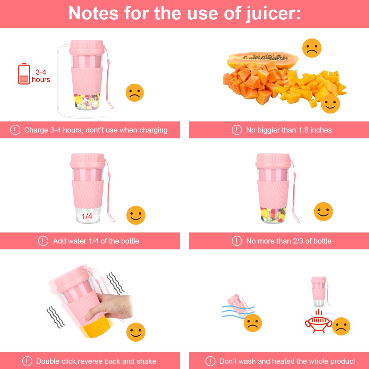 Portable USB Rechargeable Mini Blender - 250mL Cordless Personal Smoothie Maker for Fruits, Juices & Shakes | BPA-Free, Waterproof, Travel-Friendly | Perfect for Home, Office, Gym & Outdoor Activities (Pink)