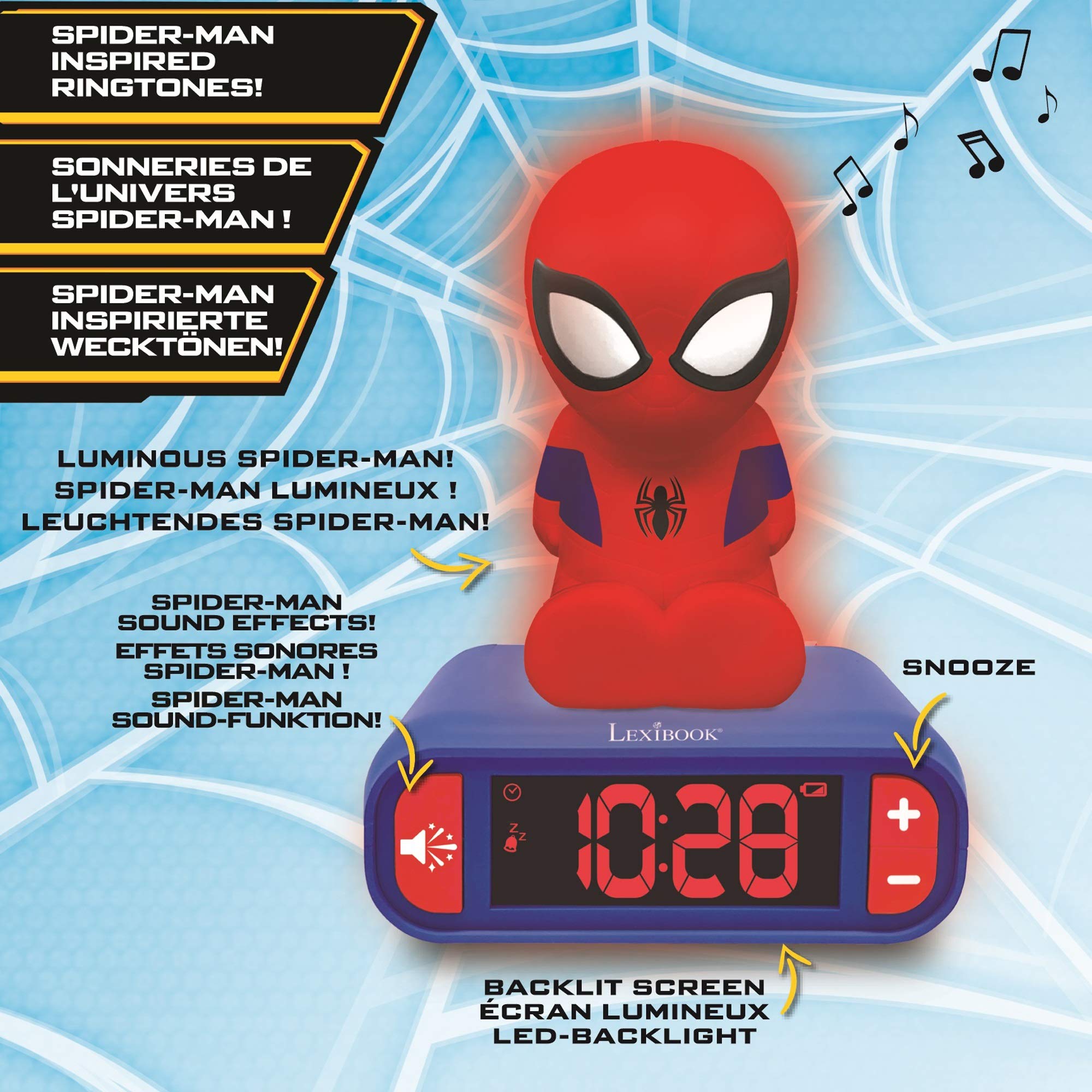 LEXIBOOK Digital Alarm Clock with Night Light, Snooze & Marvel Spider-Man Sound Effects - Blue Superhero Clock for Boys - Perfect for Bedrooms & Kids' Rooms