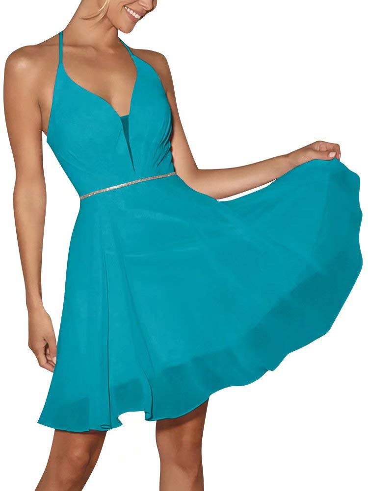 Elegant Chiffon V-Neck Halter Bridesmaid Dress with Crystal Cross Back - Short Prom Party Dress for Weddings, Cocktail Parties & Formal Events
