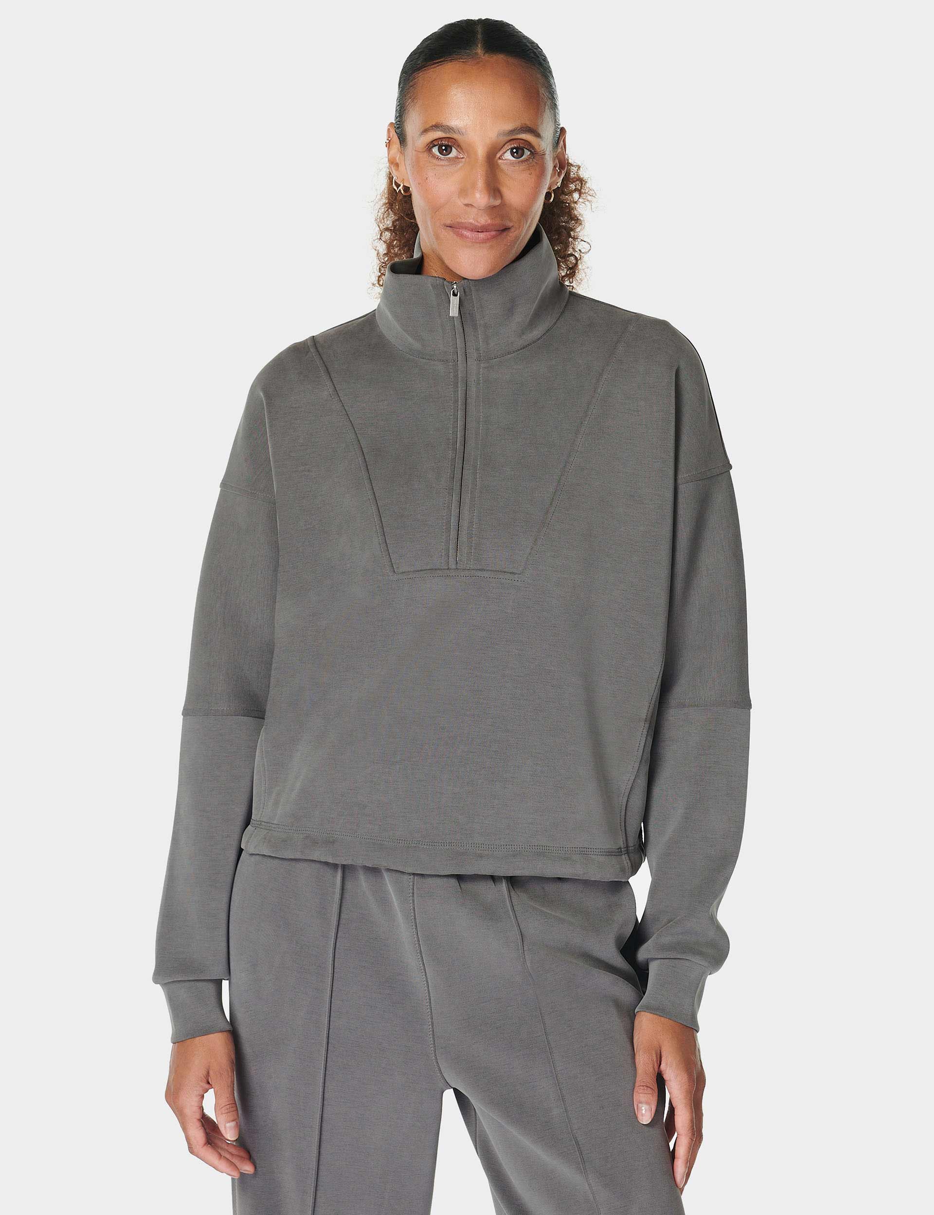 Premium Sand Wash Funnel Neck Half Zip Sweatshirt for Men & Women | Soft Charcoal Grey Pullover | Gym, Lounge & Casual Wear