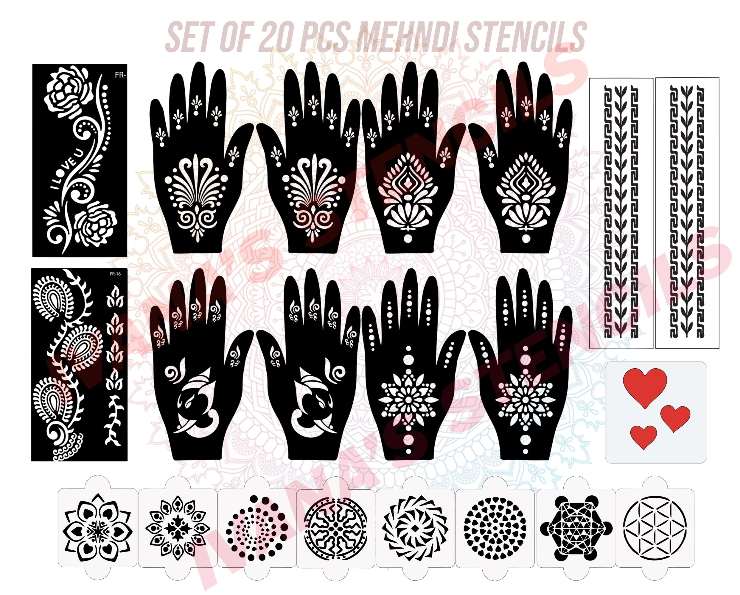 20 Pcs Reusable Henna Stencil Stickers for Hands - Easy Mehandi Design Templates for Girls, Women, Kids & Teens (D-2267) | Perfect for Parties, Weddings & Festive Occasions