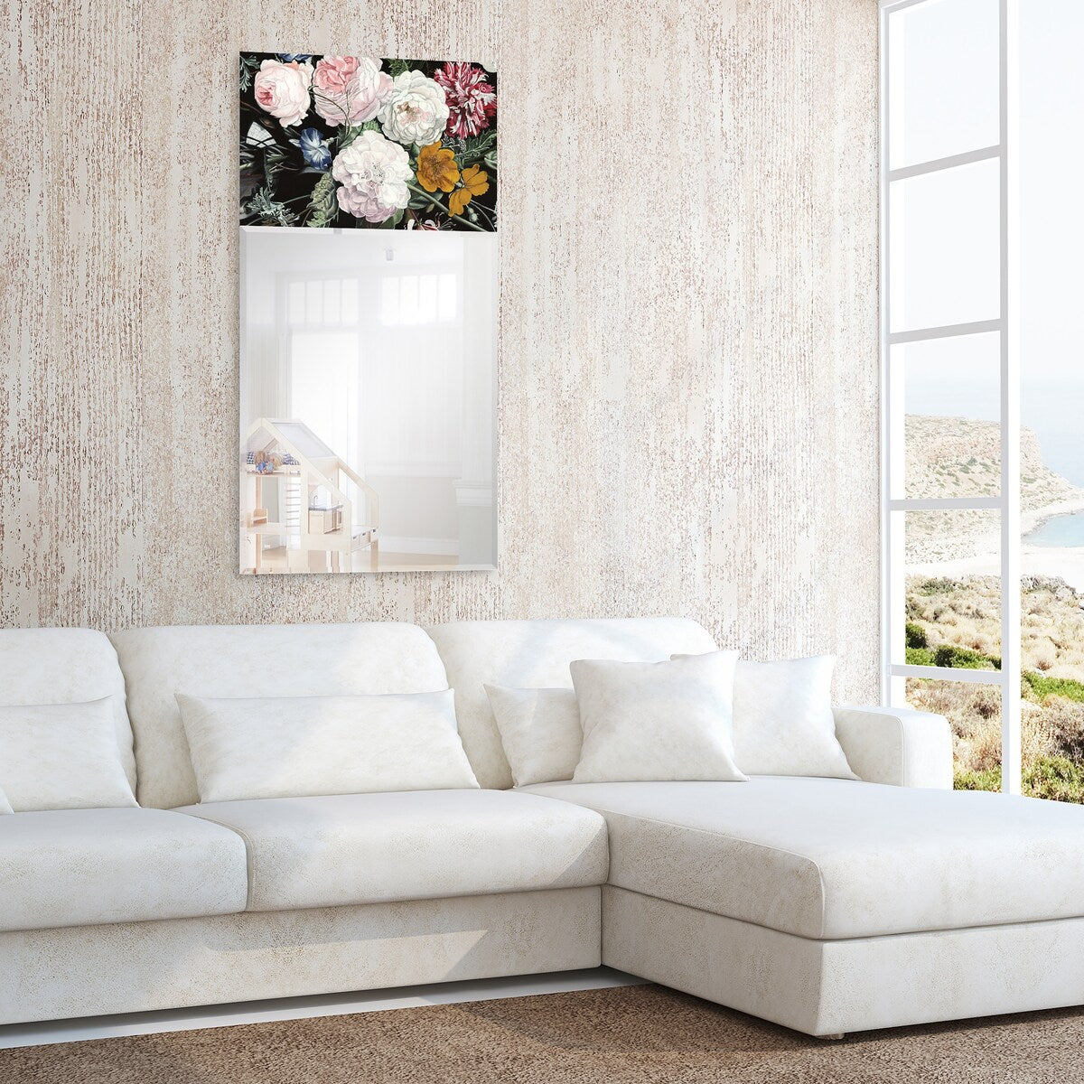 Bouquet Rectangular Beveled Mirror - Free Floating Printed Tempered Art Glass - 24 x 48 Inches - Clear Wall Mirror for Living Room, Bedroom, or Entryway Decor