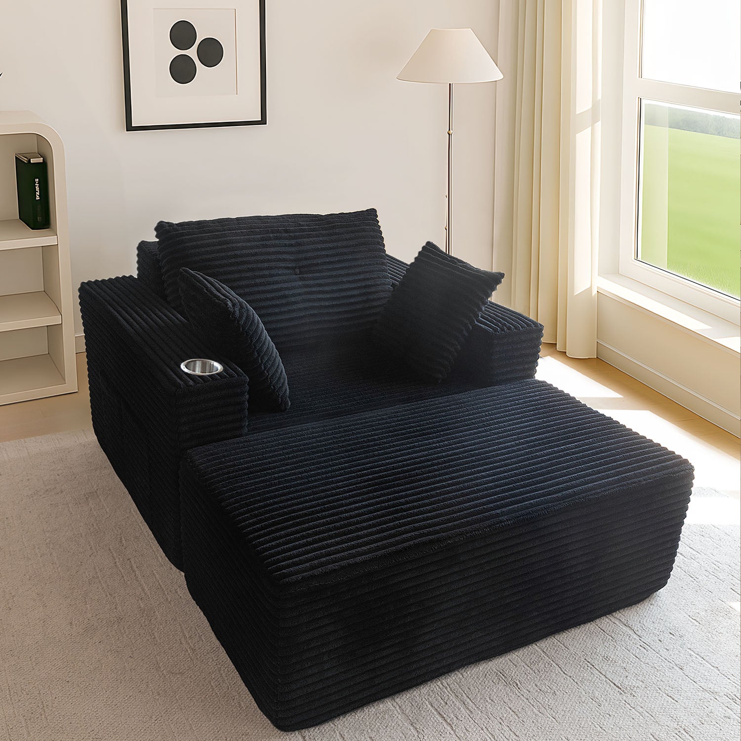 MAXYOYO 65x49 Inch Upholstered Chaise Lounge Sofa Bed - Cloud Couch with No Assembly Required, Black | Modern Living Room Furniture for Small Spaces, Apartment & Dorm