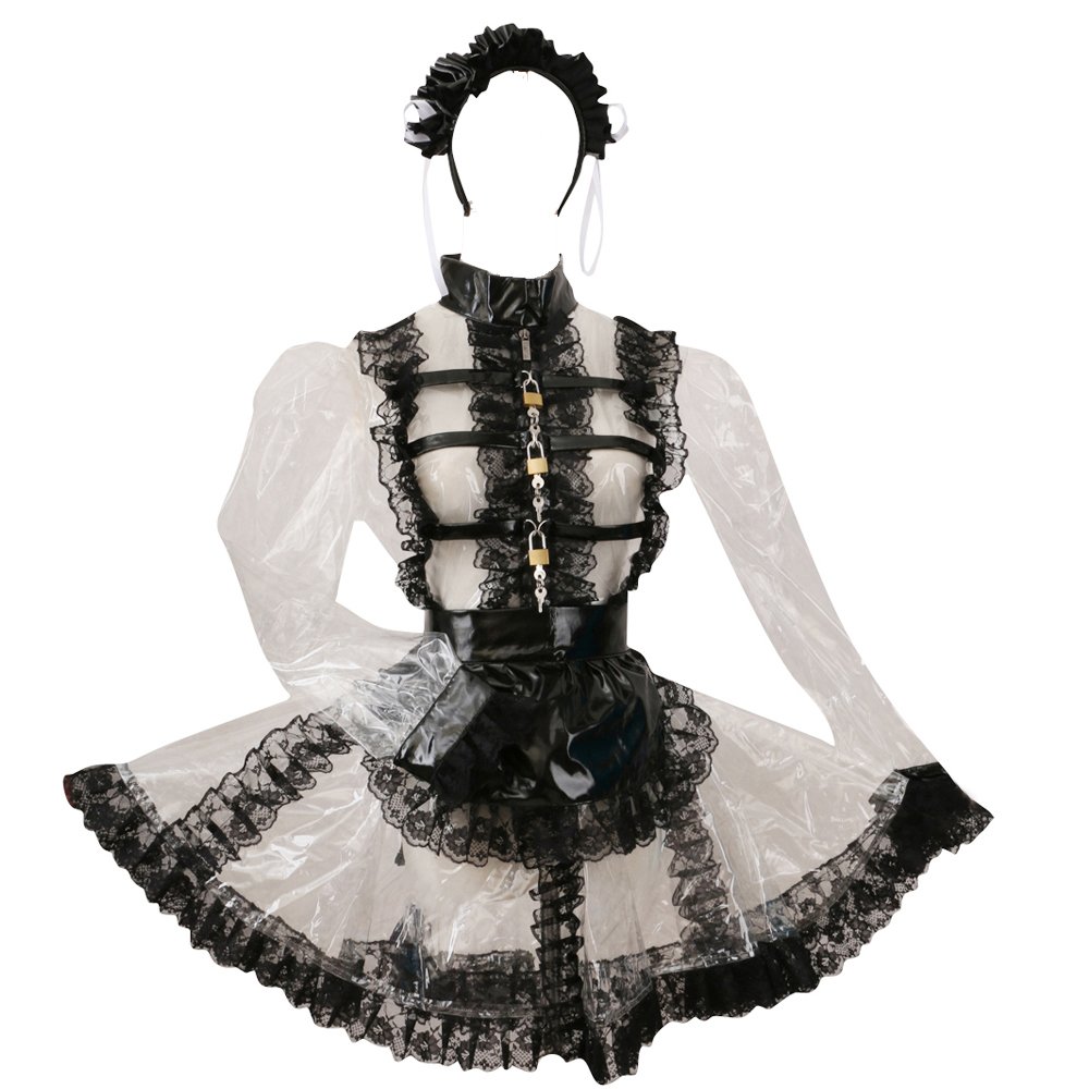 Lockable PVC Transparent Black Lace Dress Costume for Women - 3 Lock System Crossdressing Outfit | Perfect for Cosplay, Halloween, and Role-Playing