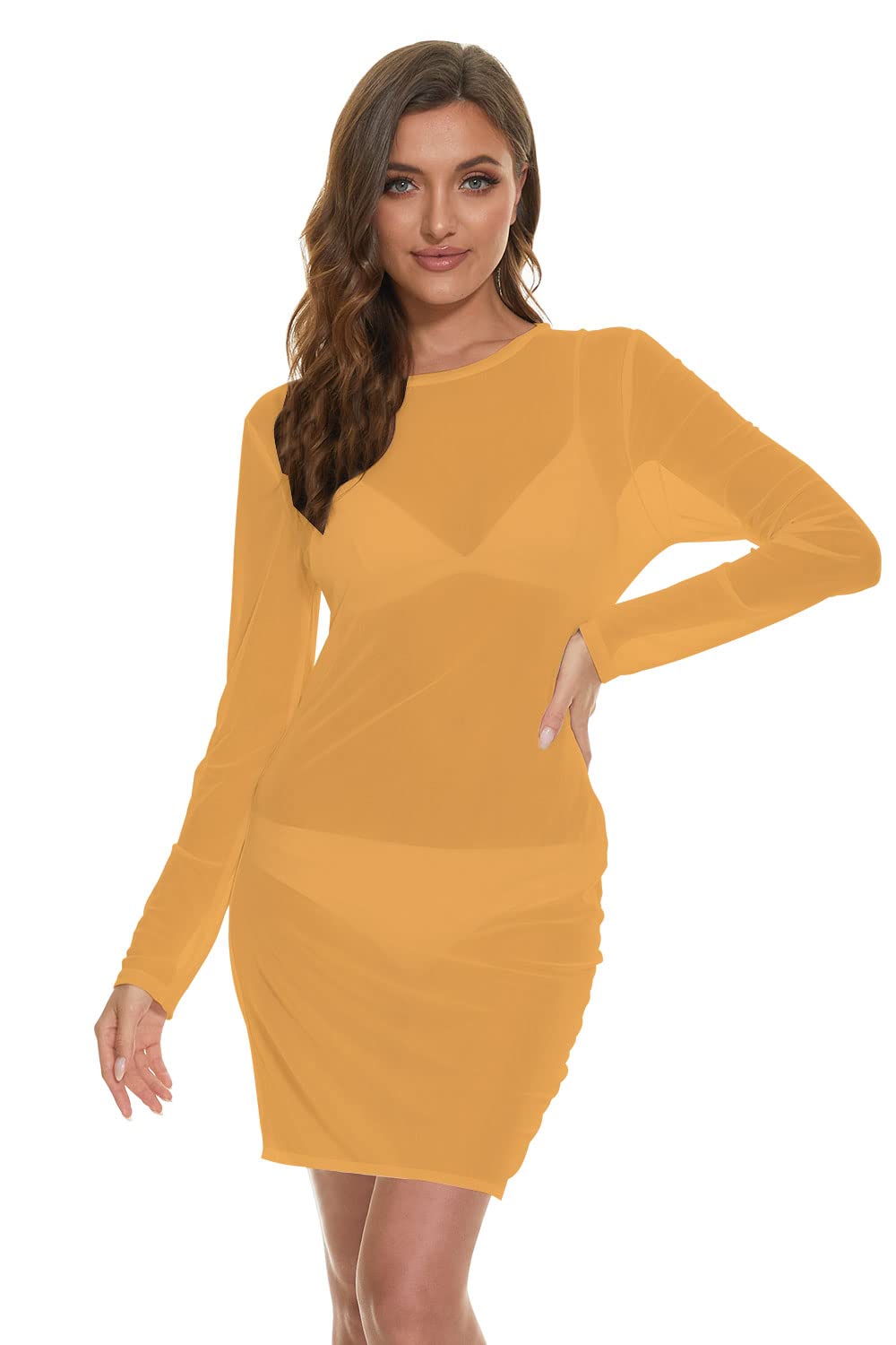 Jumppmile Women's Sheer Mesh Long Sleeve See Through Swim Cover Up Dress - Lightweight Beachwear for Pool, Vacation & Summer Outfits