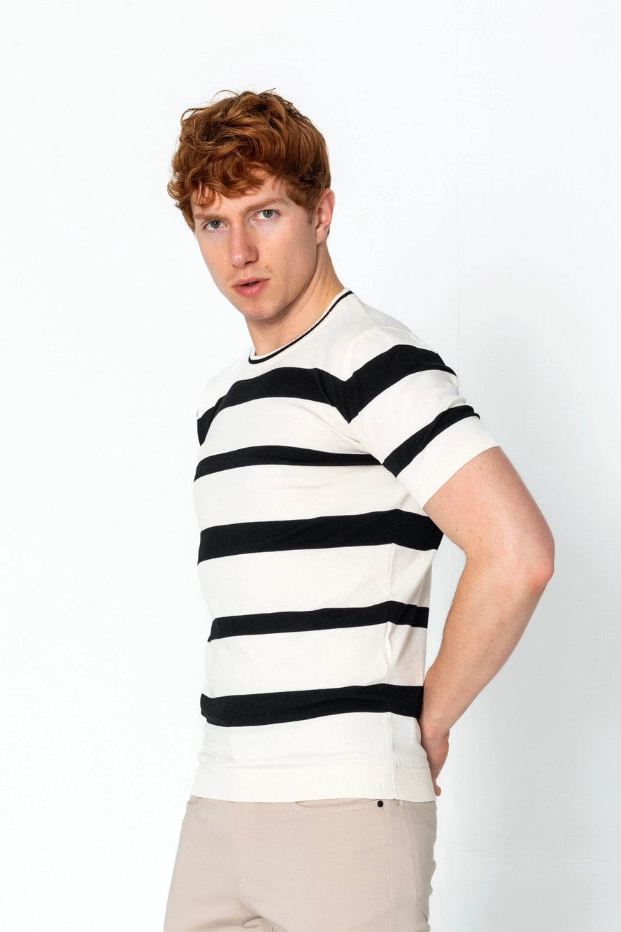 RNT23 Striped Knit T-Shirt for Women - Soft Cotton Crewneck Casual Top in Off White | Perfect for Everyday Wear, Layering & Outfits