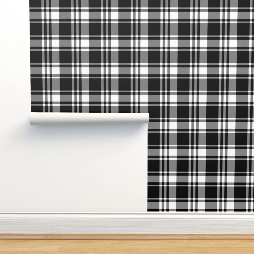 Peel & Stick Wallpaper Swatch - Monochrome Black White Tartan Plaid Pattern | Removable Self-Adhesive Wallpaper for Fall Decor, Camping Theme & Home Office | Trendy Spoonflower Wallpaper for DIY Home Decor