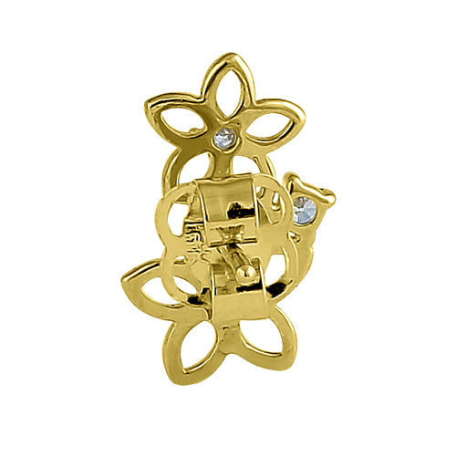 14K Yellow Gold Blooming Flower Earrings with Round CZ Stones – Elegant Dangle Earrings for Women, Perfect for Weddings, Parties & Special Occasions