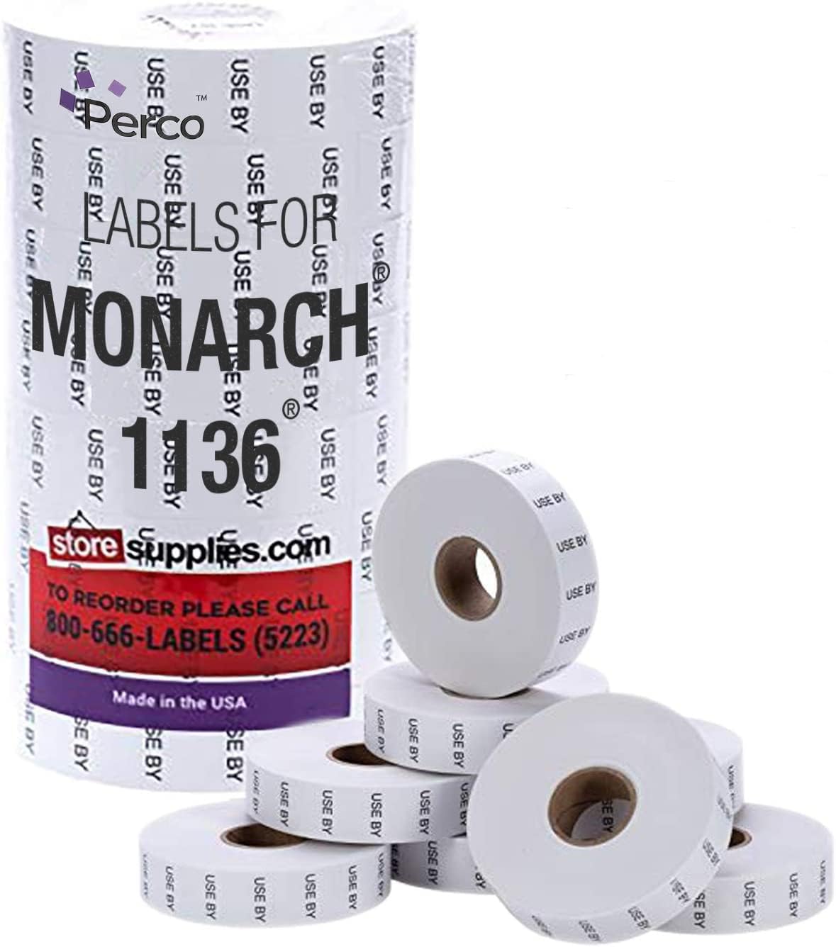 Perco USE by Labels for Monarch 1136 Price Gun - 8 Rolls (14,000 Marking Labels) with Bonus Ink Roll - Retail Pricing, Inventory Labeling & Warehouse Organization
