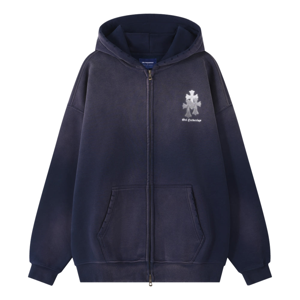 ORI FREDERIQO Washed Velvet Printed Zip Up Hooded Sweatshirt - Blue | Cozy Casual Wear for Men & Women | Perfect for Fall & Winter Outfits