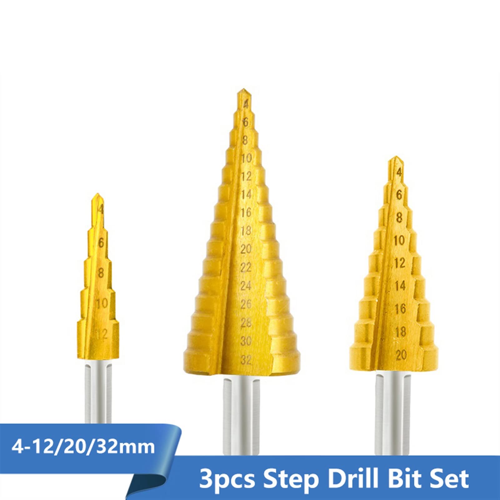 HSS TiN Coated Step Drill Bit Set (4-12mm, 4-20mm, 4-32mm) - High Speed Steel Straight Groove Cone Drill for Wood, Metal, Plastic - Power Tool Accessories for DIY, Construction & Home Improvement Projects (3-Piece Set)