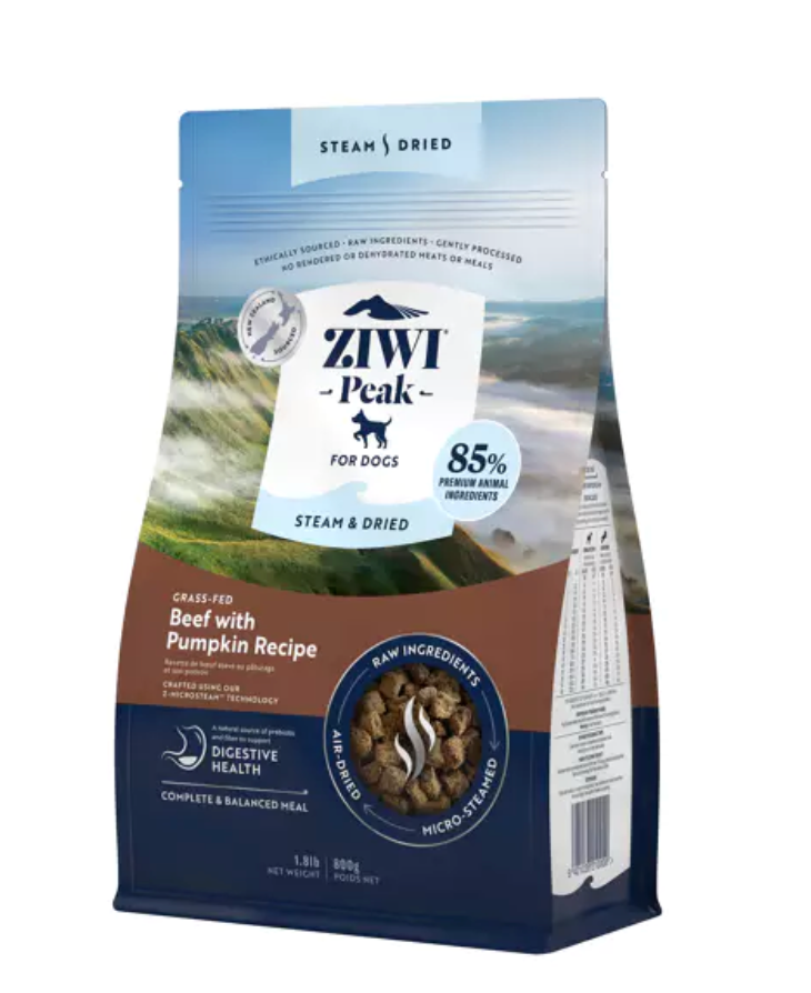 Ziwi Peak Beef with Pumpkin Steam Dried Dog Food - High Protein Grain-Free Dog Treats for Small & Large Breeds - Perfect for Training, Rewards & Outdoor Adventures