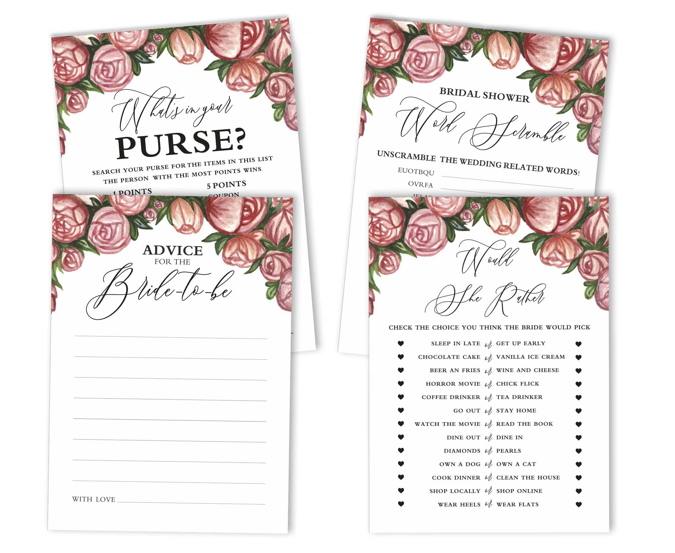 Floral Bridal Shower Game Set of 4 (50 Sheets Each) - Fun Bachelorette Party Games Bundle for Wedding Celebrations & Girls' Night Out