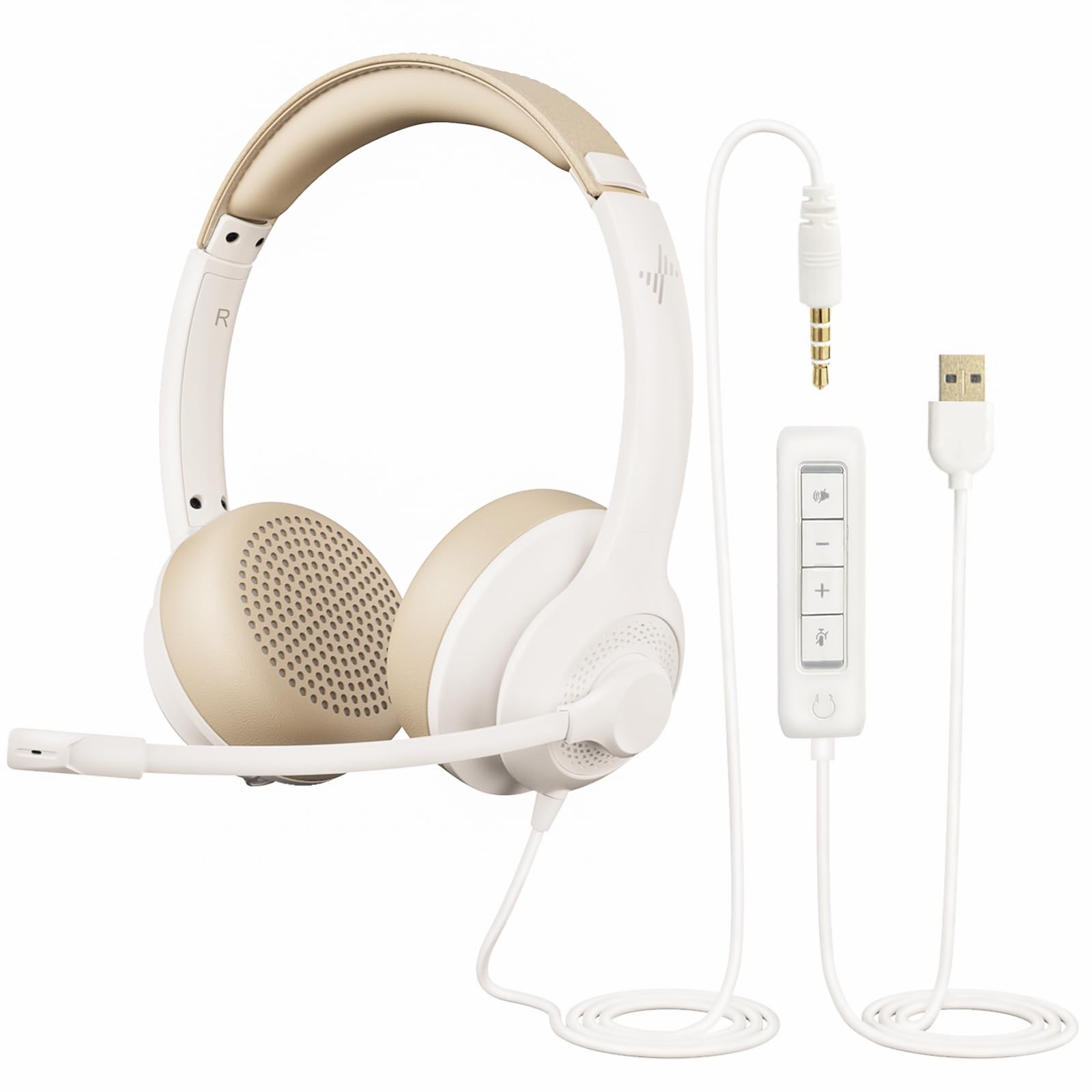 EAGLEND USB Headset with Noise Cancelling Microphone for PC, Laptop - On-Ear Computer Headphones with In-Line Volume Control - Ideal for Home Office, Online Classes, Zoom Meetings & Skype Calls (White)