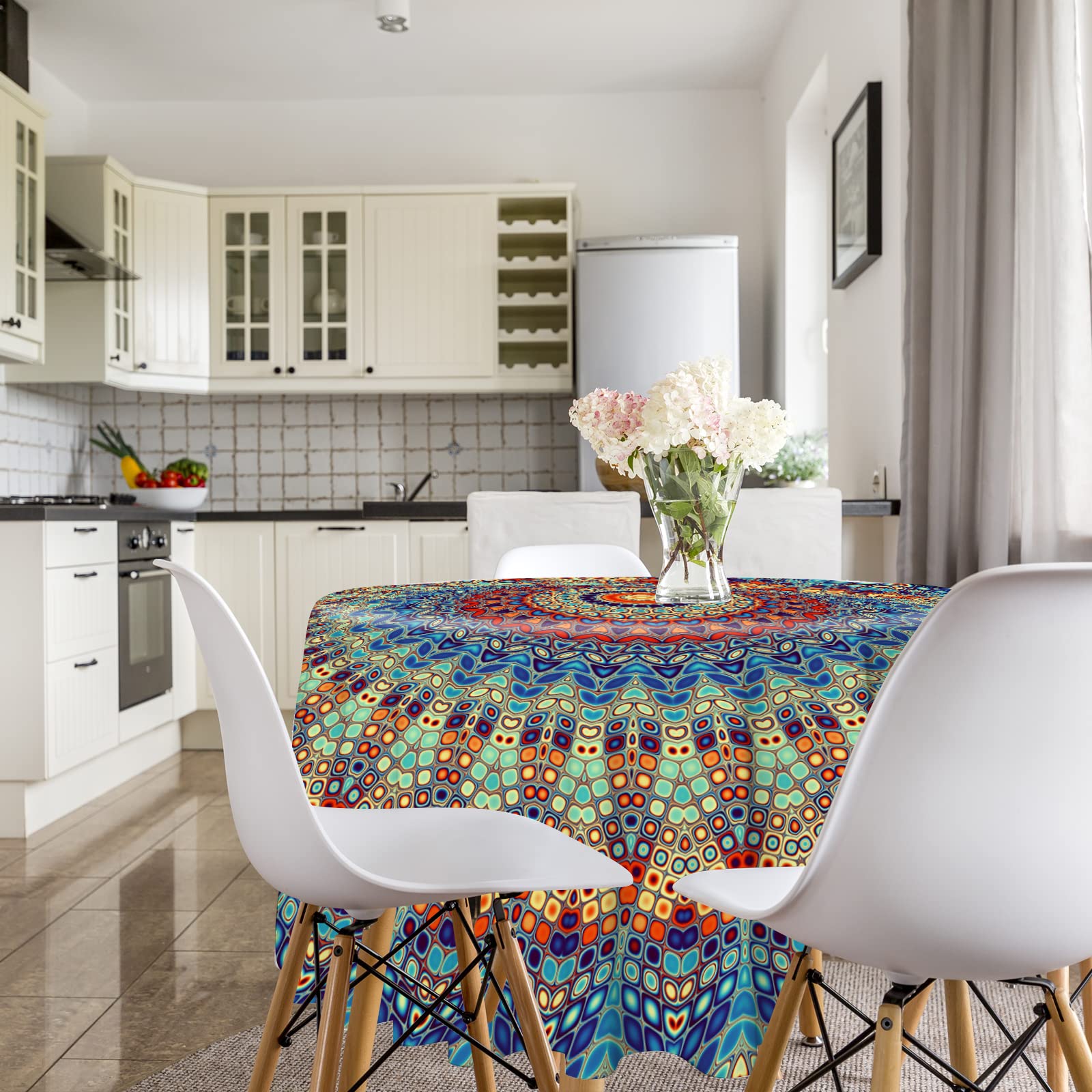Vantaso 60 Inch Round Tablecloth - Abstract Mandala Floral Design, Polyester & Linen Blend, Machine Washable Table Cover for Kitchen, Dining, Coffee Tables | Perfect for Indoor & Outdoor Decor, Parties, and Daily Use