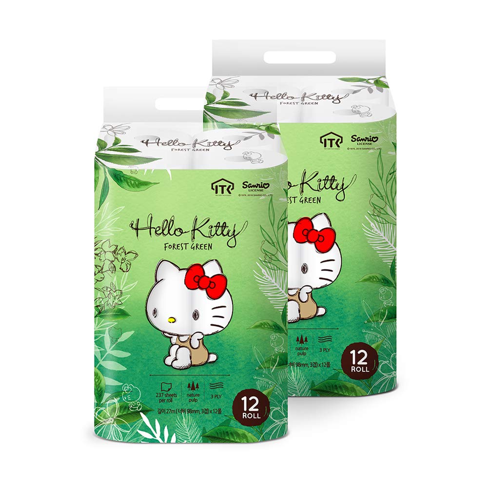 Hello Kitty Forest Green Toilet Paper - 100% Natural Wood Pulp, 3-Ply Ultra Soft, 24 Rolls (2 Packs of 12) - Cute Bathroom Tissue for Kawaii Home Decor, Kitty Lover Gift & Japanese Style Toilet Paper Holder Accessory