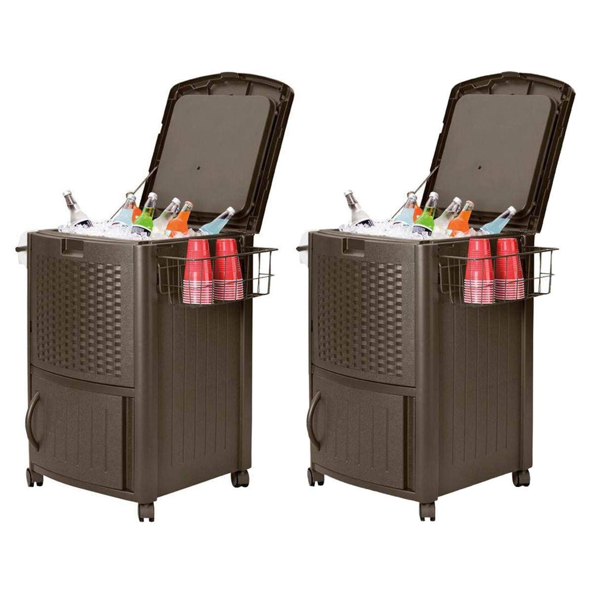Suncast 77 Qt Resin Wicker Patio Cooler with Cabinet & Wire Basket - 2 Pack, Java Brown - Outdoor Party, Picnic, BBQ, Beach & Camping Essential