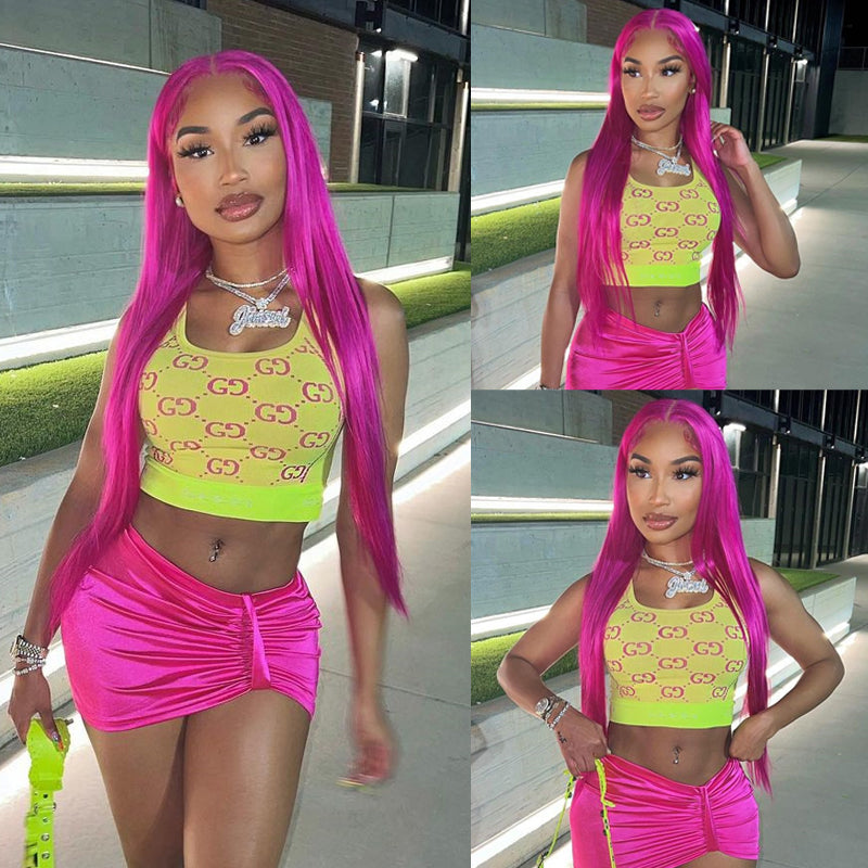 Eullair Fuchsia Pink Straight Human Hair Wig - Rose Red Body Wave Lace Frontal Wig for Women (EW001) | Perfect for Cosplay, Parties & Daily Wear