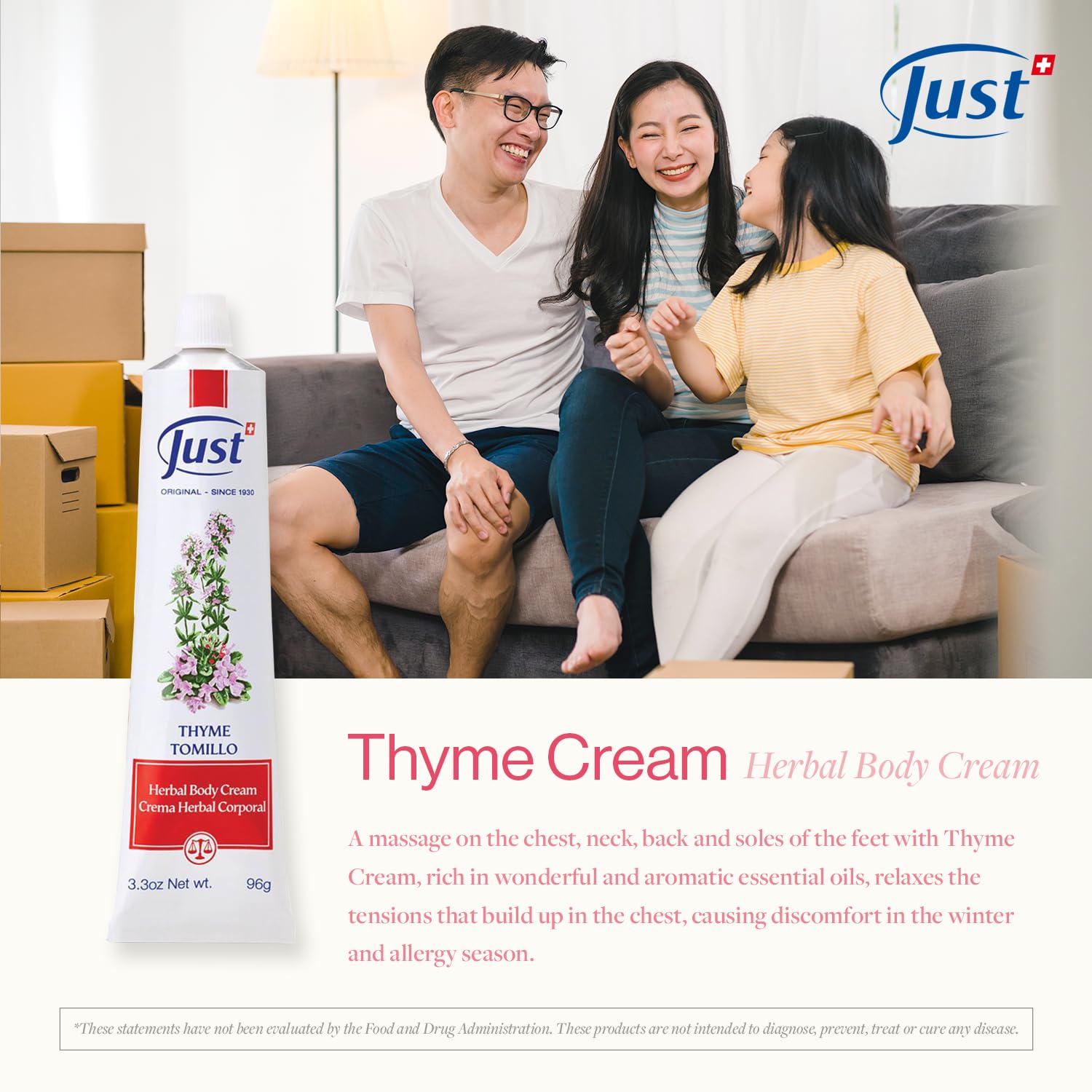 SwissJust Thyme Cream 96g - Natural Massage Cream with Thyme, Camphor Oil, Lemon Eucalyptus, Chamomile, Rosemary, Soybean & Pine Essential Oils | Soothes Muscles & Relaxation for Spa, Aromatherapy & Home Use