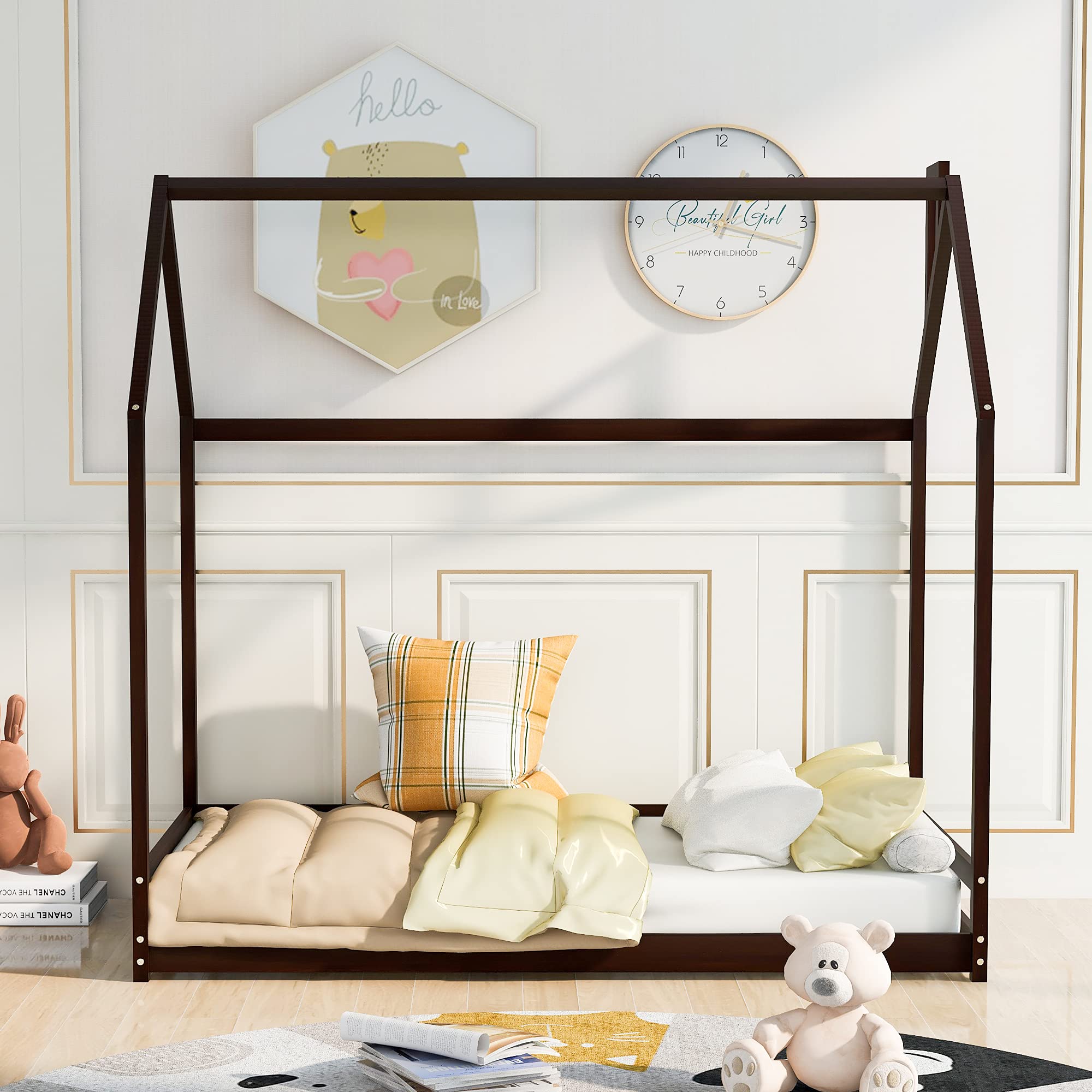 Solid Wood House Bed Frame with Roof Design - No Box Spring Needed, Space-Saving Kids Bed for Boys and Girls - Easy Assembly in Espresso Finish - Perfect for Bedrooms, Playrooms & Small Spaces