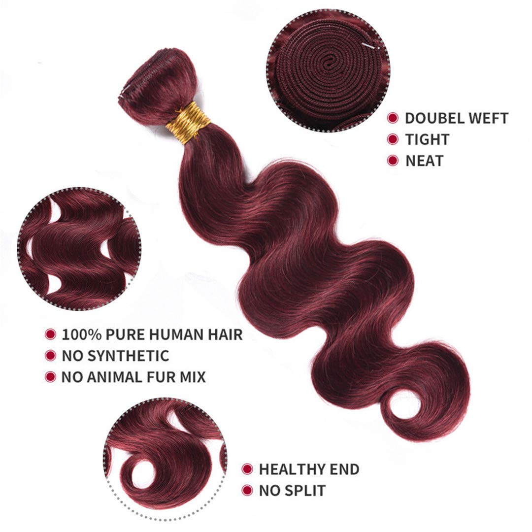 99J Wine Red Brazilian Virgin Human Hair Weaves - 4X4 Lace Closure & 3 Bundles (16 18 20 with 16C) | Mink Burgundy Body Wave Pre-Plucked Hairline with Baby Hair | Perfect for Protective Styles, Wig Making & Everyday Glam