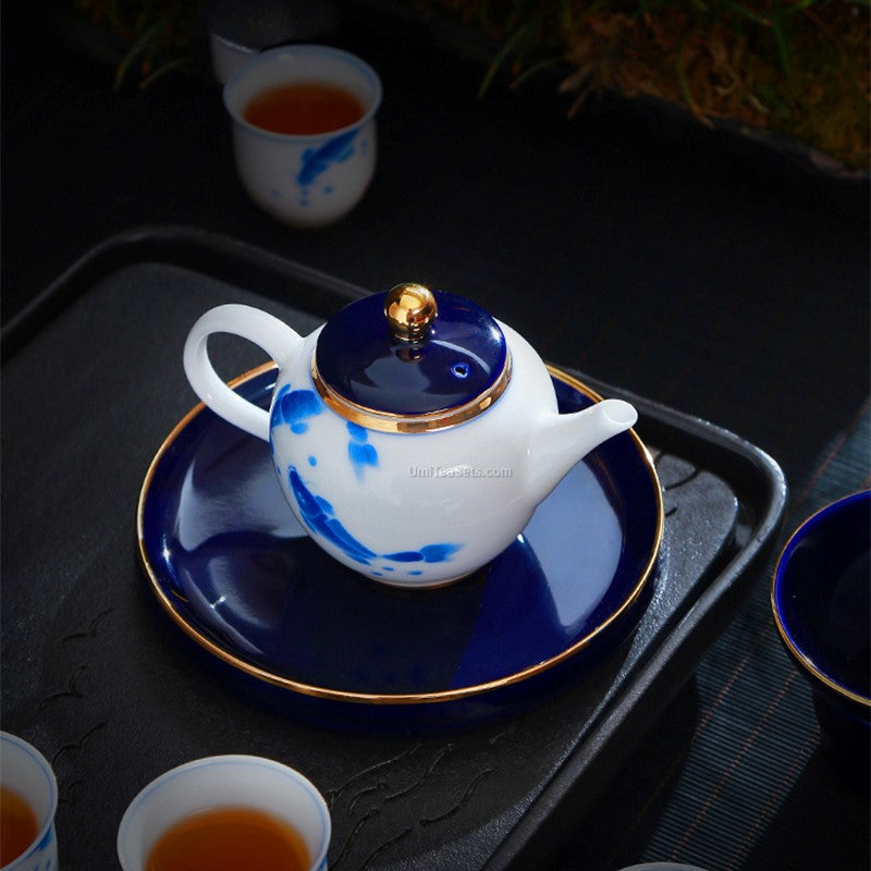 Hand Painted Blue and White Porcelain Goldfish Tea Set - Elegant Chinese Style Tea Cup, Saucer & Teapot for Afternoon Tea, Gift, or Home Decor