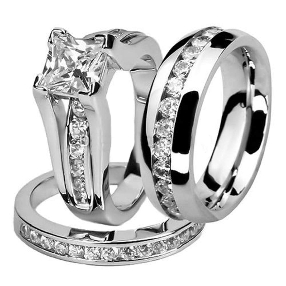 His and Hers Stainless Steel Princess Cut Wedding Ring Set - Matching Eternity Bands for Couples - Perfect for Anniversaries, Engagements & Romantic Gift Giving