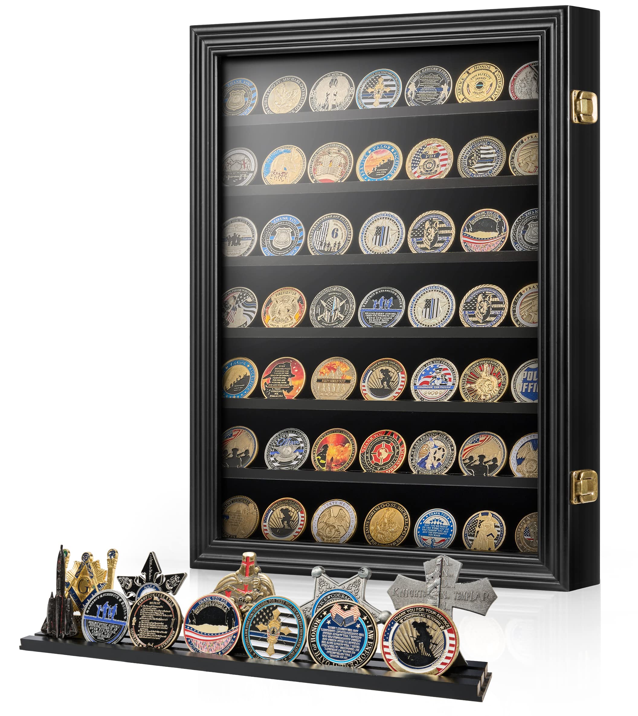 7 Rows Military Challenge Coin Holder Wall Display Case with HD Tempered Glass – Holds 100 Coins, Medal Display Cabinet Rack Shadow Box with Removable 2-Groove Shelves for Casino Poker Chips, Black - Perfect for Home, Office, Military Barracks, and Collectors' Showcase