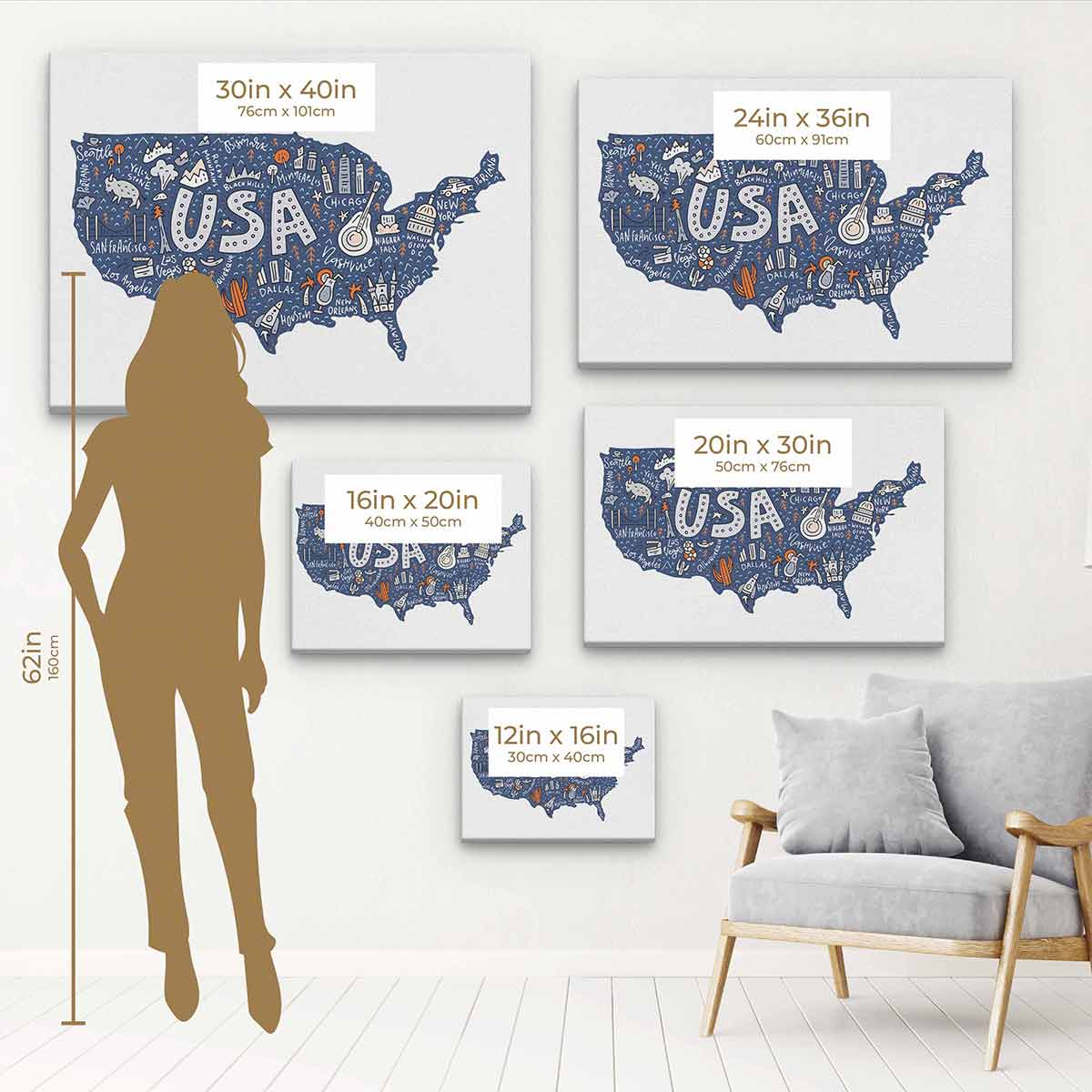 Blue USA Map Wall Art Canvas Print - 65x68 Inches - Home & Office Decor for Living Room, Bedroom, or Study