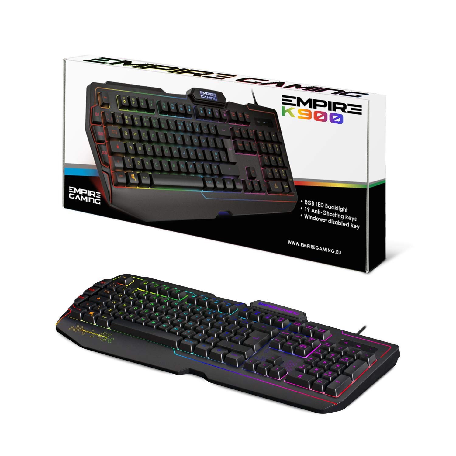 Empire Gaming K900 RGB LED Backlit Semi-Mechanical Gaming Keyboard - 105 QWERTY Keys (Spanish ES Layout), 9 Lighting Modes (8 Preset + 1 Customizable), 19-Key Anti-Ghosting - Perfect for PC Gaming, Streaming & Office Work