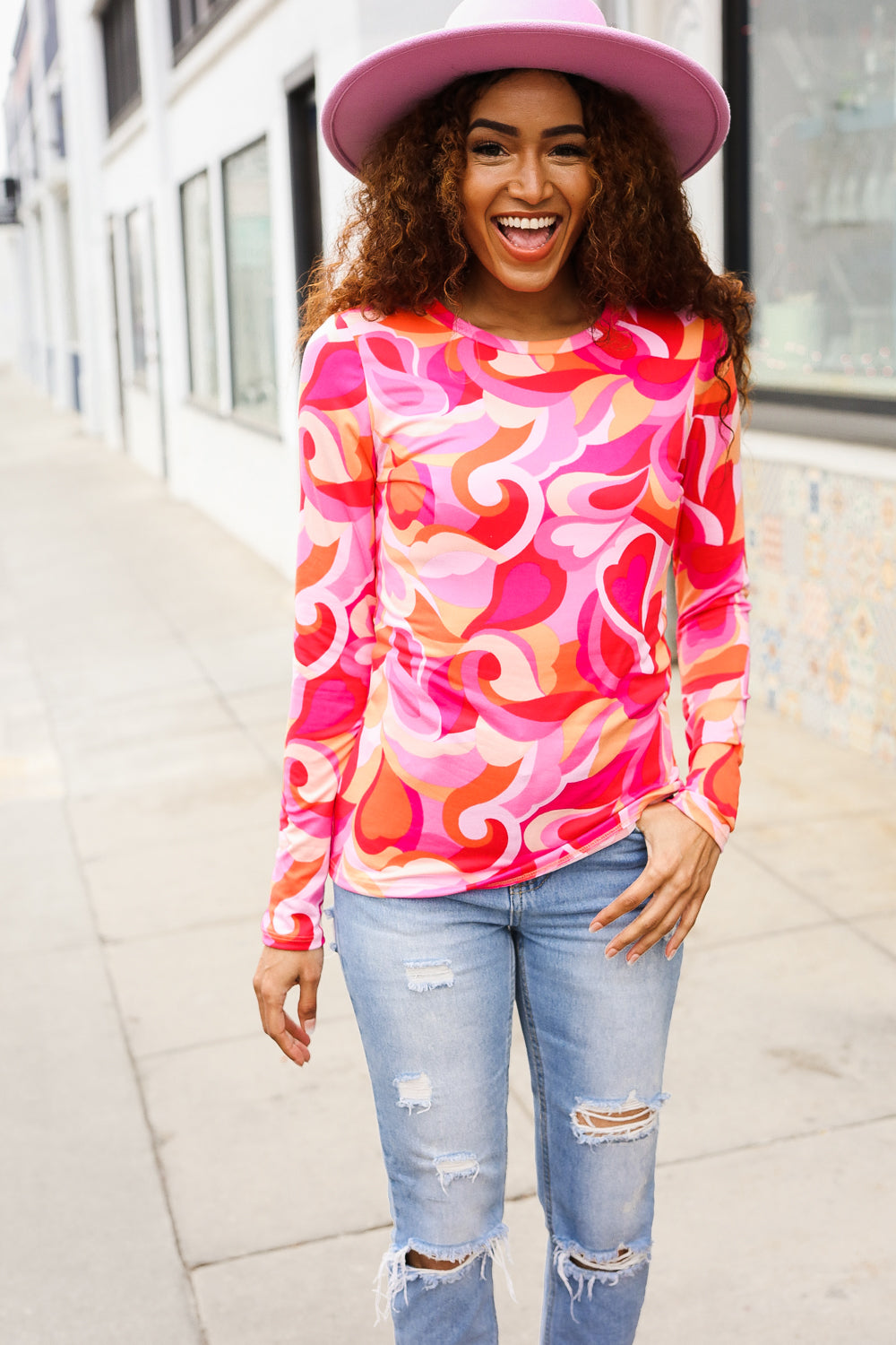 Red & Pink Floral Print Soft Knit Top for Women - Buttery Smooth Fitted Blouse for Date Night & Romantic Outfits