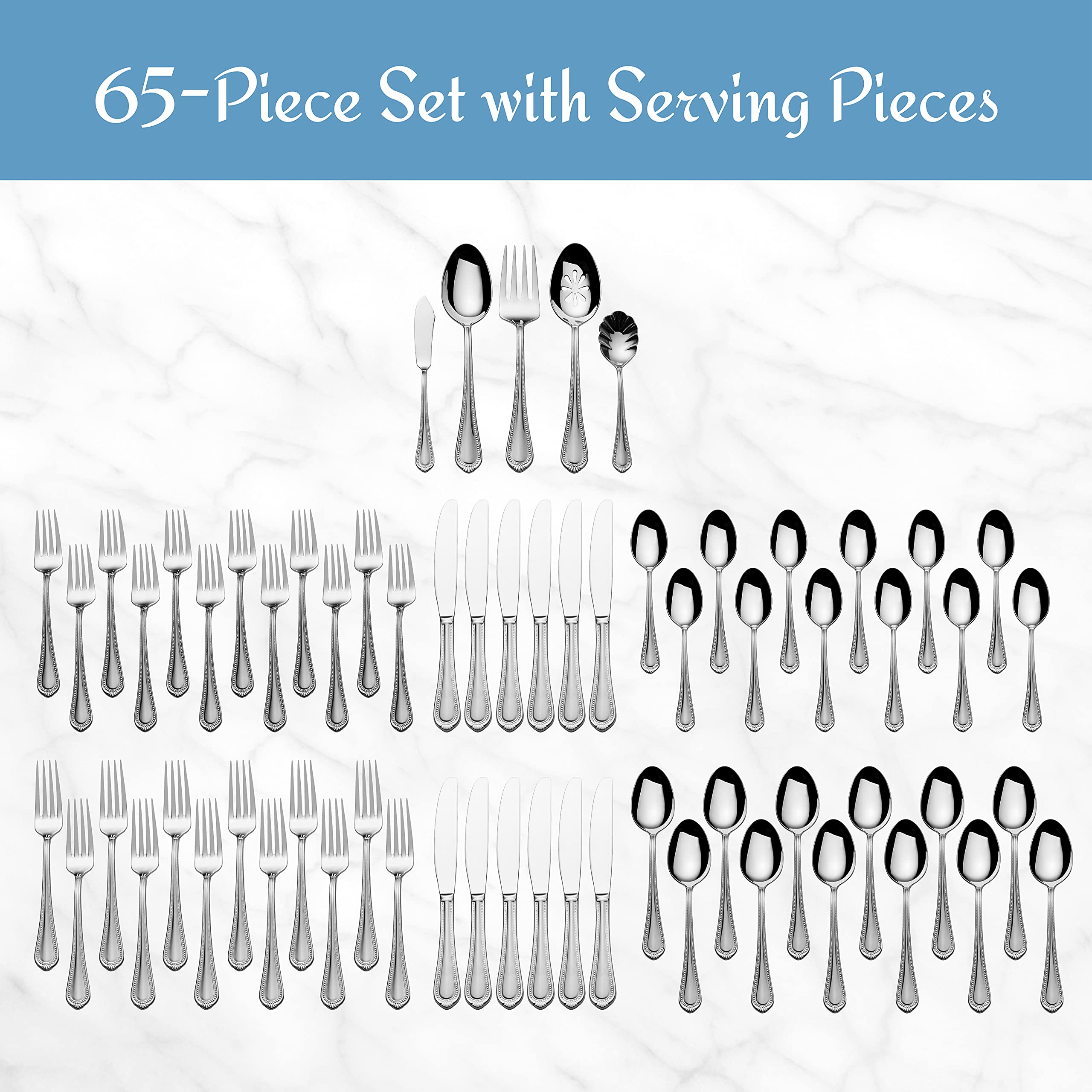 Mikasa Regent Bead 65-Piece 18/10 Stainless Steel Flatware Set for 12 - Elegant Silverware with Serving Utensils for Fine Dining, Weddings & Special Occasions