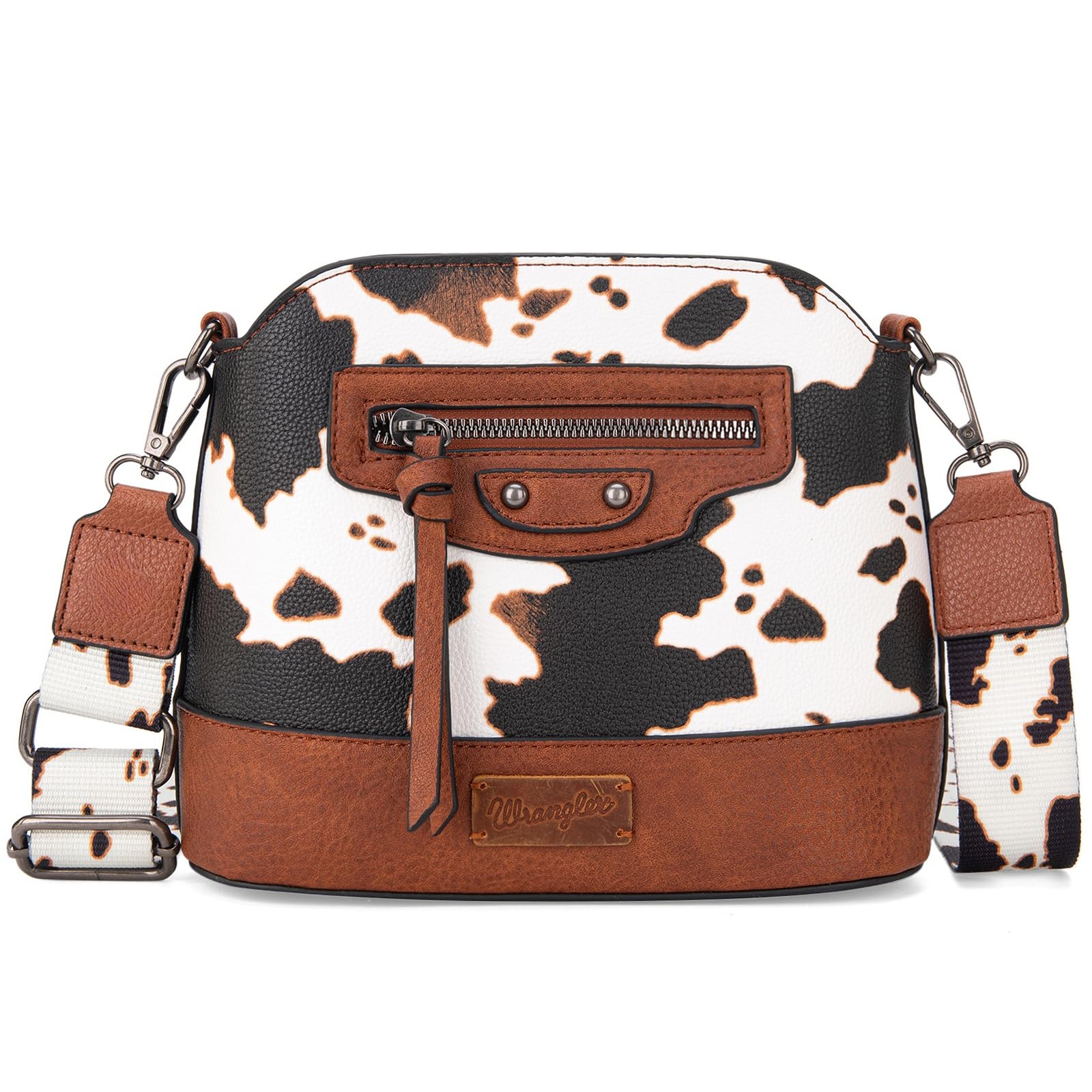 Wrangler Women's Cow Print Crossbody Bag - Western Style Leather Purse with Signature Strap for Everyday Use, Travel & Country Music Festivals