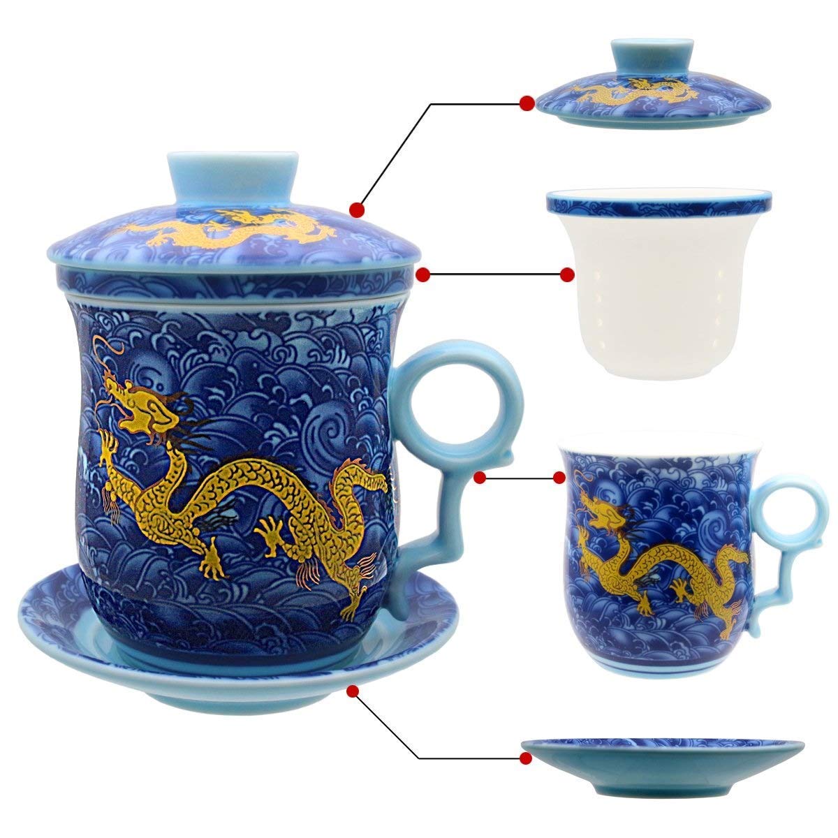 Premium Chinese Dragon Porcelain Tea Cup Set - 4pcs Ceramic Tea Mugs with Strainer Infuser, Lid & Saucer (260ml) | Perfect for Home Tea Ceremonies, Office Use & Gift Giving