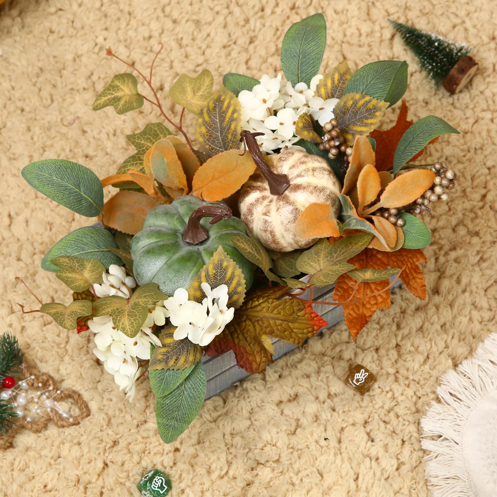 Artificial Fall Leaves & Pumpkins Arrangement in Wooden Crate - Autumn Tiered Tray Decor with Fake Flowers for Harvest Thanksgiving - Perfect for Table Centerpieces, Shelf Displays & Home Decor - Ideal for Fall Weddings, Thanksgiving Dinners & Seasonal Home Styling