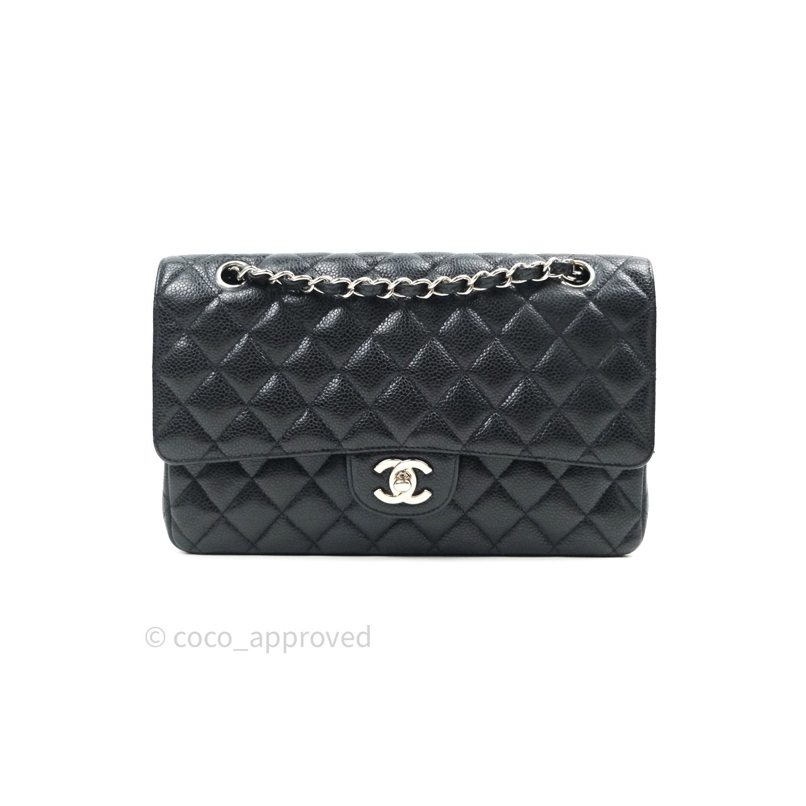 Chanel Classic Medium Double Flap Bag Black Caviar Leather with Silver Hardware - Luxury Shoulder Bag for Women, Perfect for Work, Evening Events & Special Occasions