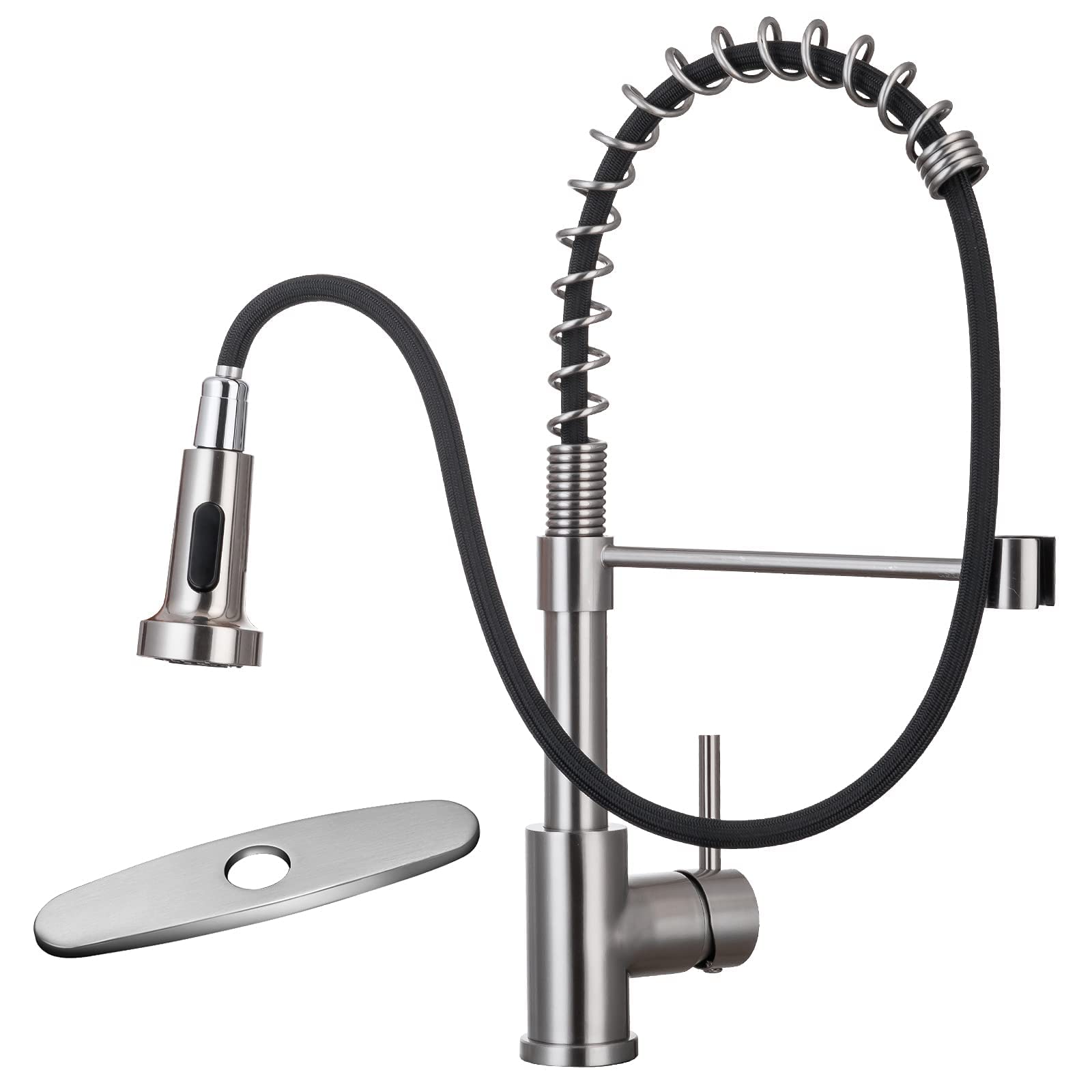 WEWE Stainless Steel Single Handle Pull Down Sprayer Kitchen Faucet - Brushed Nickel Commercial Farmhouse Sink Faucet with Deck Plate for Laundry & Industrial Use | Perfect for Modern Kitchens & Heavy-Duty Cleaning