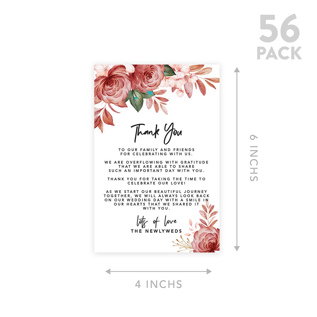 Boho Floral Wedding Thank You Cards - 56-Pack 4x6 Inch Place Setting Cards for Table Reception, Dinner Plates & Wedding Favors - Perfect for Guests, Family & Friends - Elegant Seating Decor for Weddings, Bridal Showers & Special Events