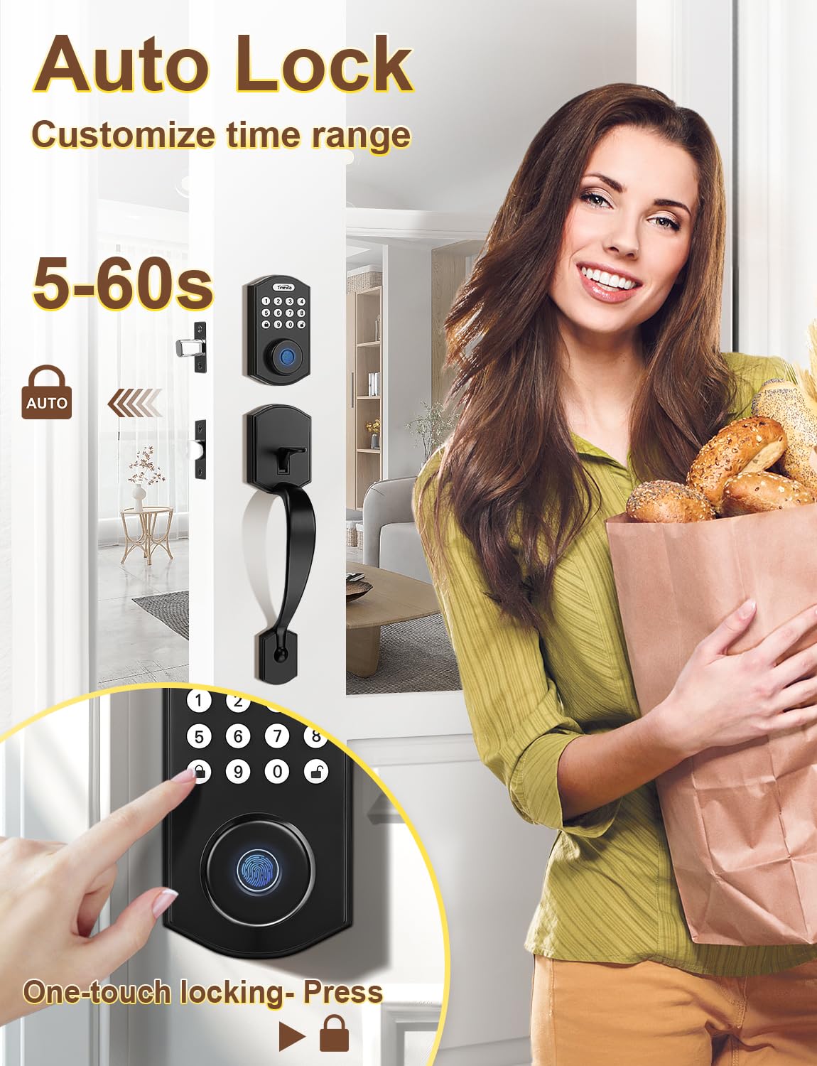 Smart Fingerprint Door Lock - Keyless Entry with Keypad & Auto Lock for Home Security - Matte Black